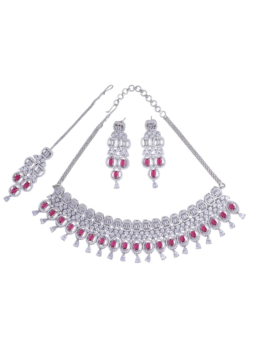 KAYRAH Women Pink Brass Material Crafted CZ Stone Studed Necklace with Earrings with Matching Earrings with Matching Earrings