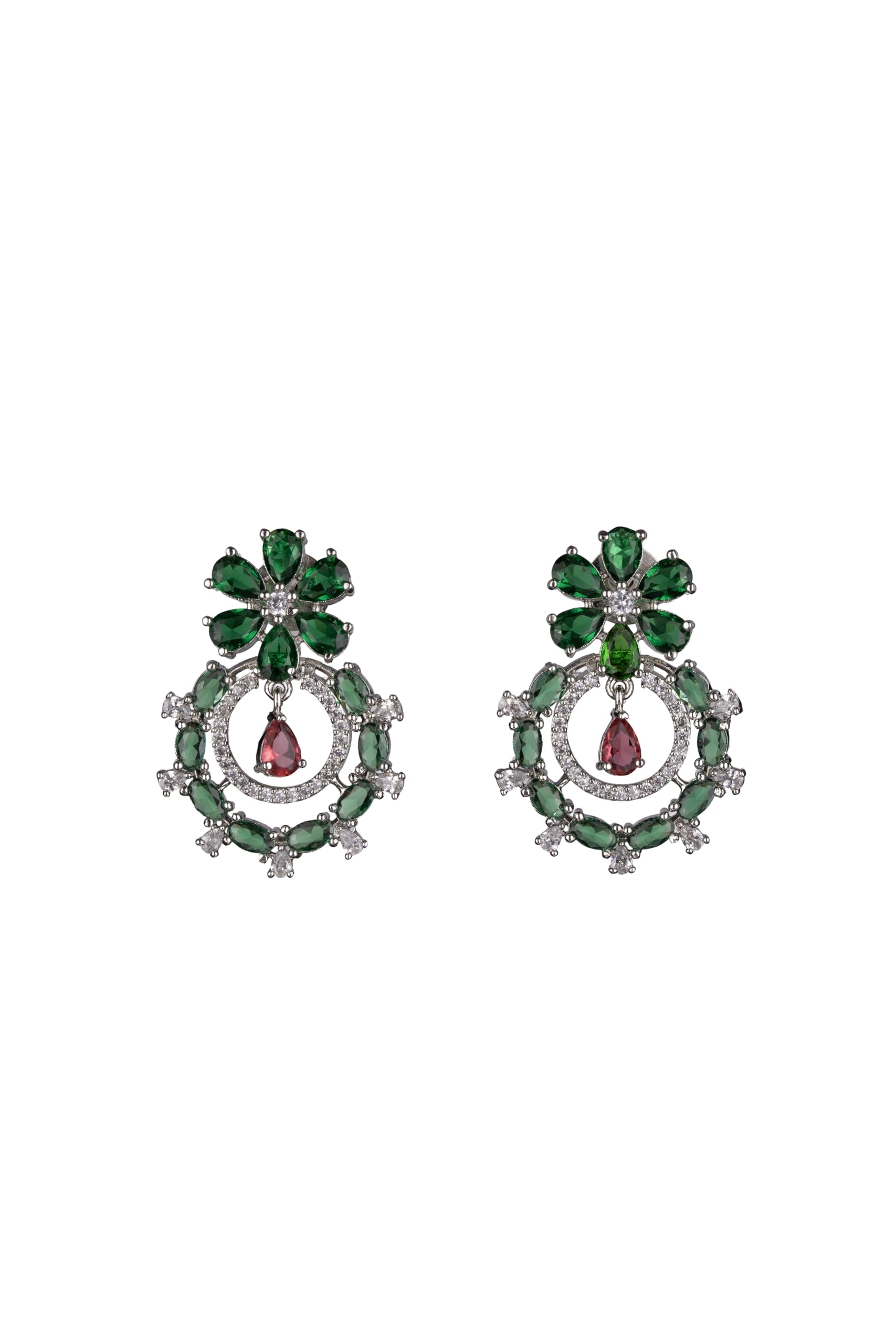 Silver Plated Green Stone Floral Drop Earrings for Women | Statement Fashion Jewellery Earrings for Girls | Elegant Earrings Gift for Women