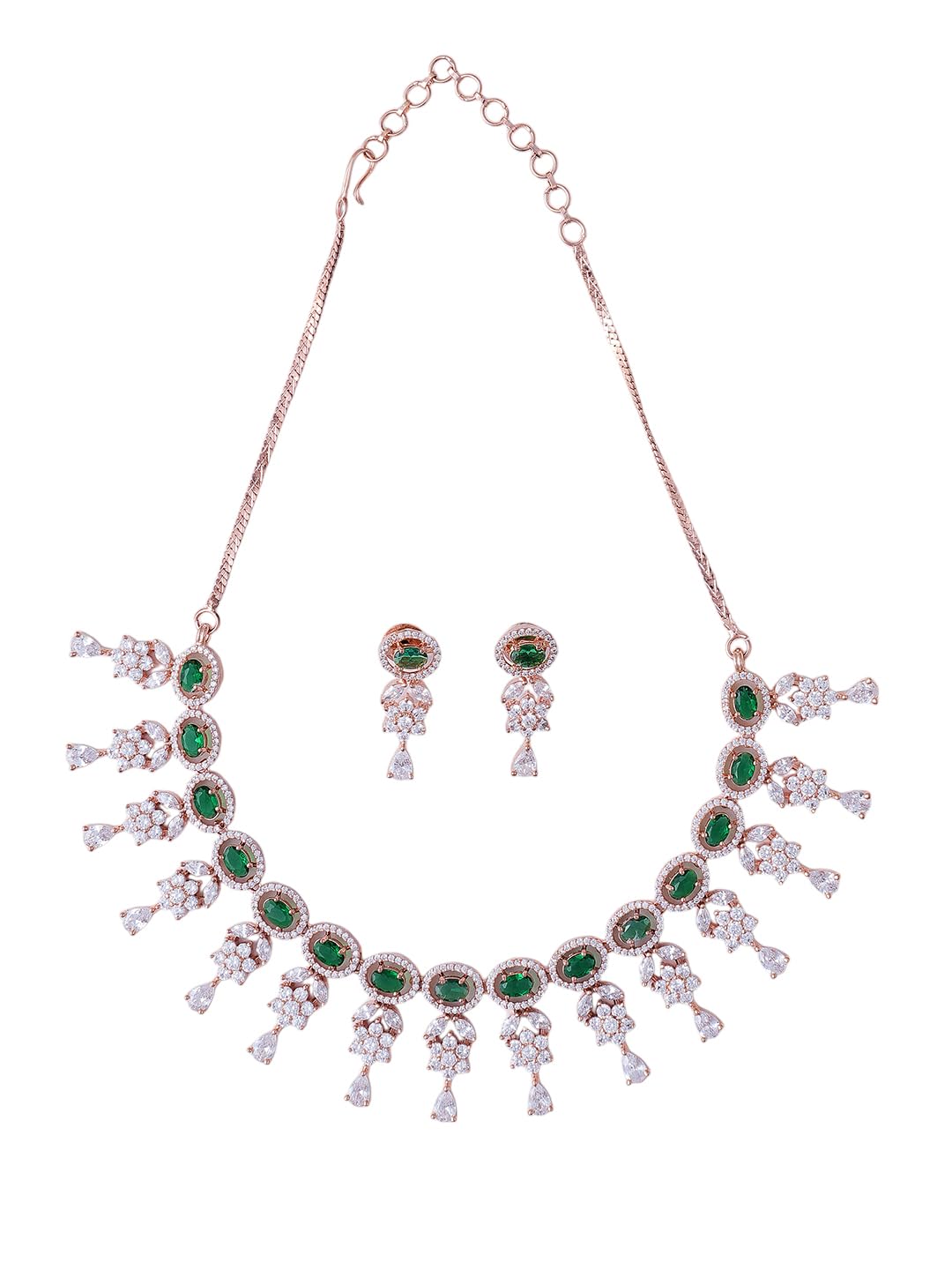 KAYRAH Women Green Brass Material Crafted CZ Stone Studed Necklace with Earrings with Matching Earrings with Matching Earrings