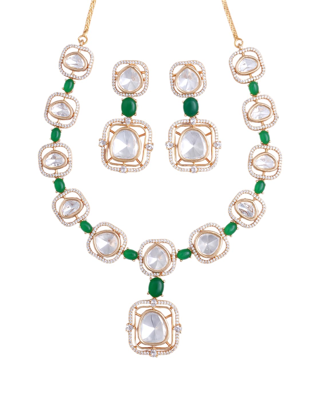 KAYRAH Gold Plated Green Stone Necklace Set for Women Stylish with Matching Earrings with Matching Earrings