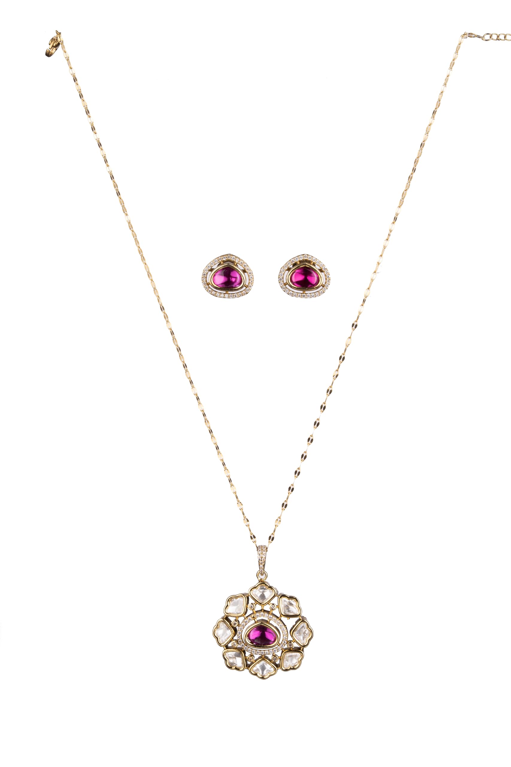KAYRAH Women Red Brass Material Crafted Kundan Stone Studed Necklace with Earrings with Matching Earrings with Matching Earrings