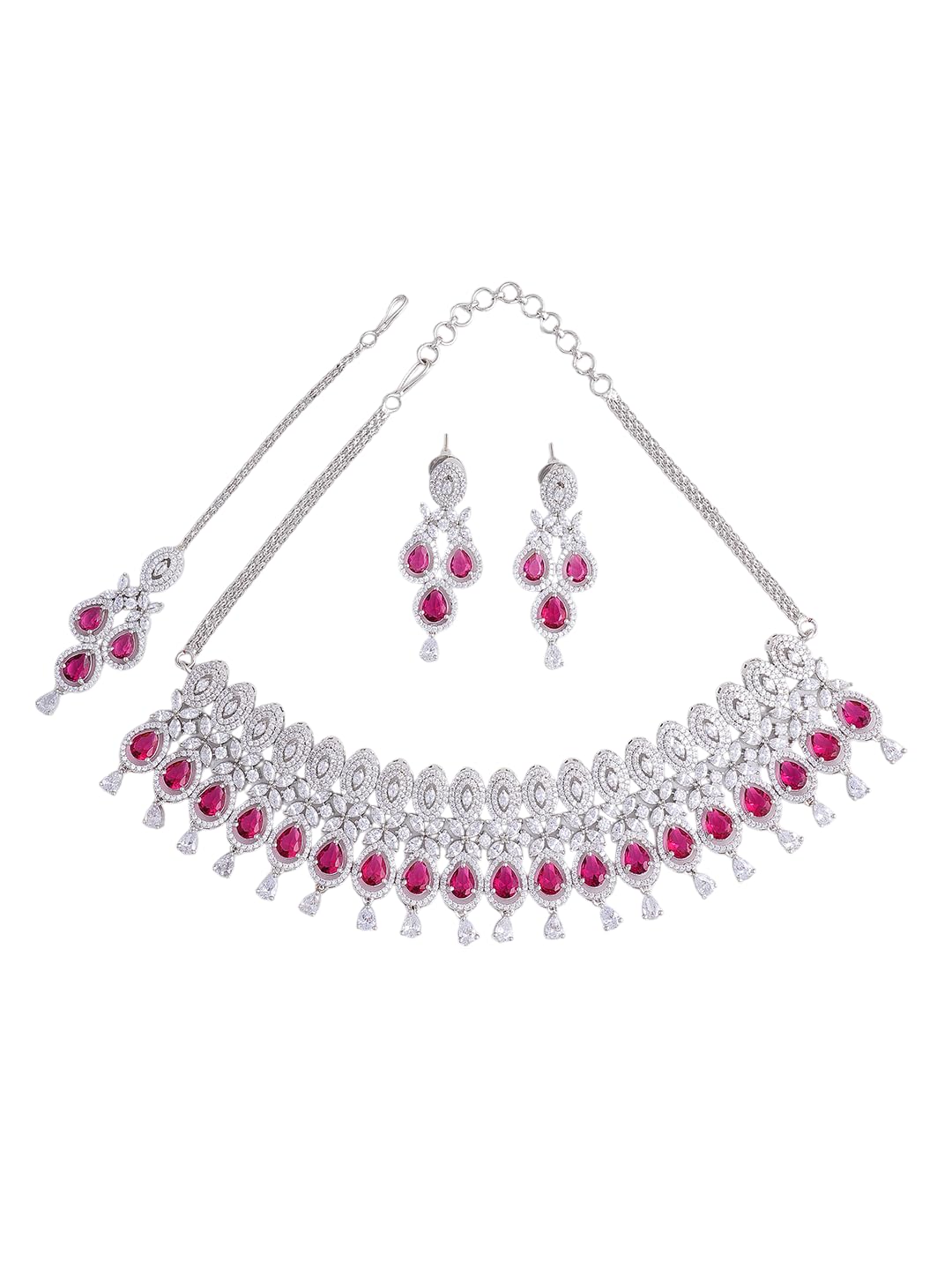 KAYRAH Women Brass Material Crafted CZ Stone Studed Necklace with Earrings with Matching Earrings with Matching Earrings