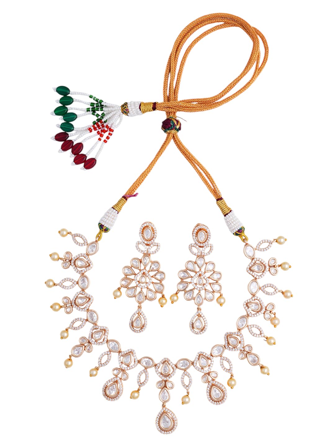 KAYRAH Rose Gold Plated Green Stone Necklace Set for Women Stylish with Matching Earrings with Matching Earrings