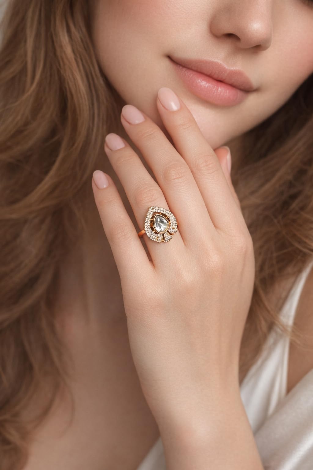 KAYRAH Gold Plated Statement Ring for Women, Teardrop Crystal with Cubic Zirconia Pavé, Party & Wedding Fashion Jewellery