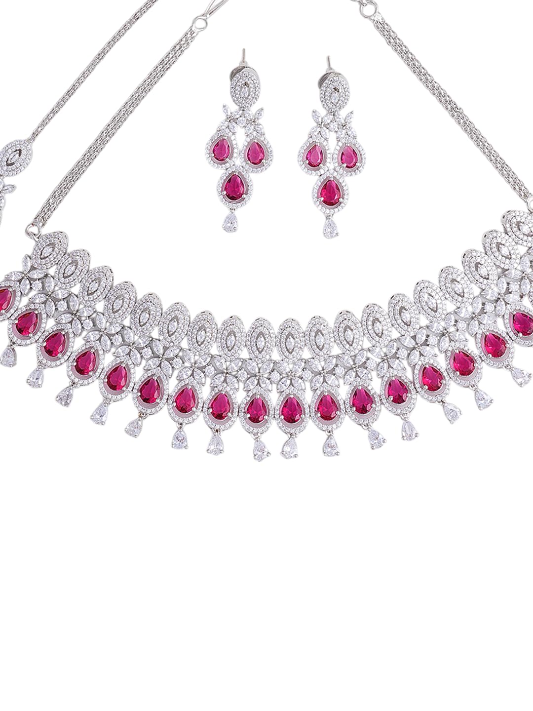 KAYRAH Women Brass Material Crafted CZ Stone Studed Necklace with Earrings with Matching Earrings with Matching Earrings