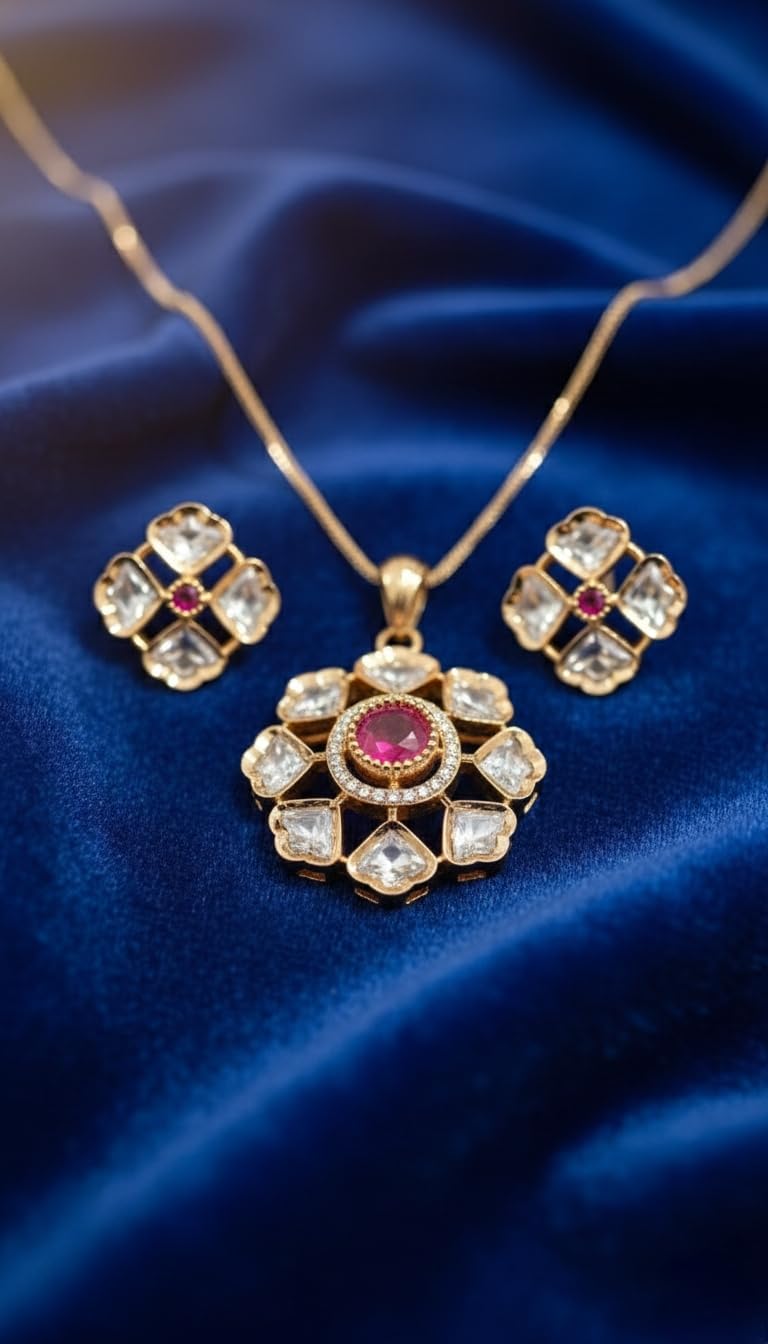 KAYRAH Women Red Brass Material Crafted Kundan Stone Studed Necklace with Earrings with Matching Earrings with Matching Earrings