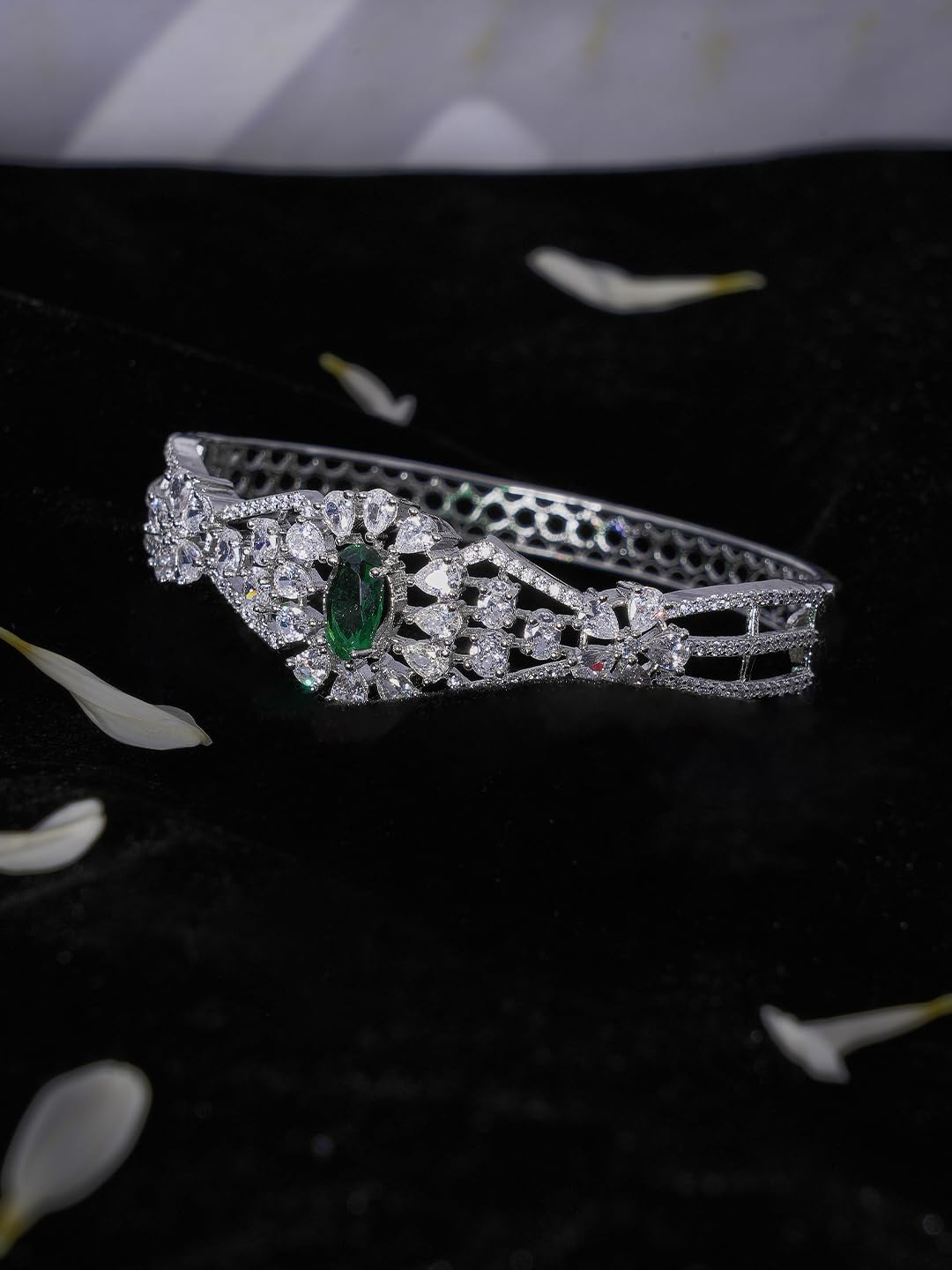 KAYRAH Silver Toned Green Stone Floral Crystal Bracelet for Women