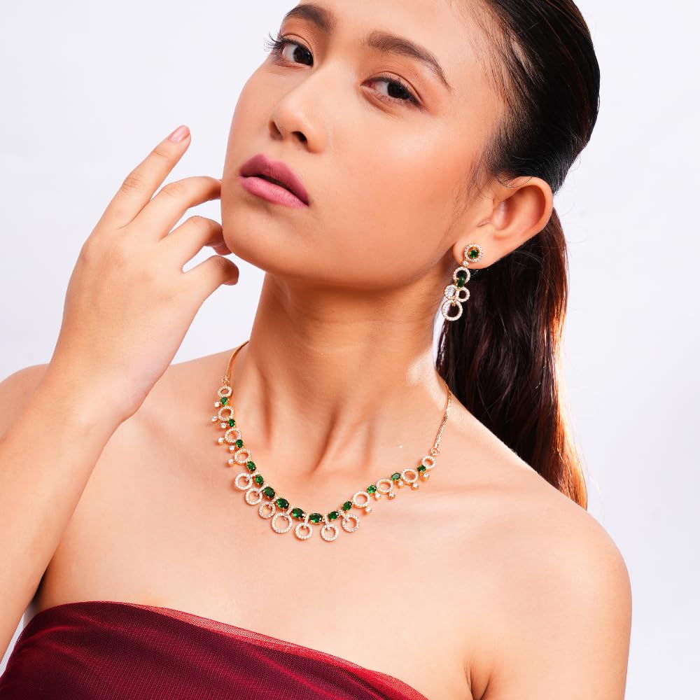 KAYRAH Gold Plated Green Stone Necklace Set for Women with Matching Earrings with Matching Earrings