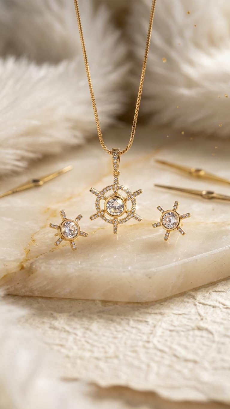 KAYRAH Gold Plated Emerald Green Cubic Zirconia Pendant Necklace Set for Women, with Matching Stud Earrings, Brass, Fashion Jewellery with Matching Earrings with Matching Earrings