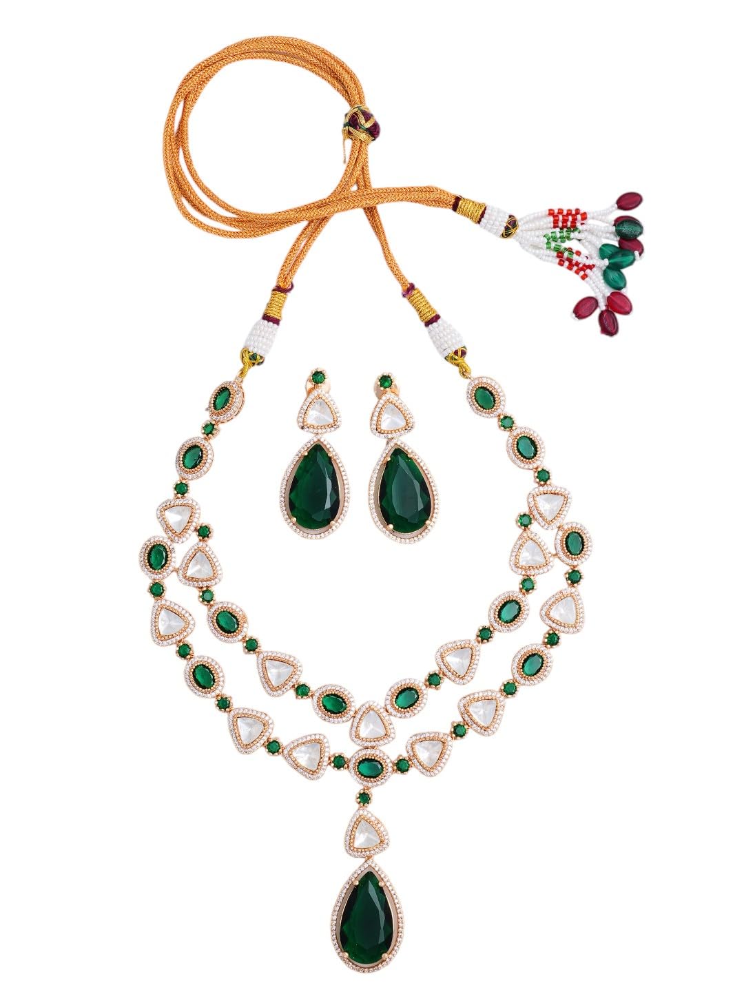 KAYRAH Rose Gold Plated Green Stone Necklace Set for Women Stylish with Matching Earrings with Matching Earrings