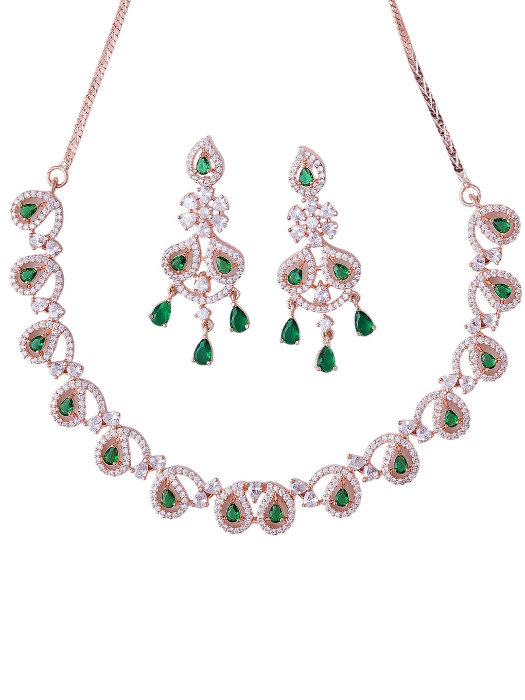 KAYRAH Women Green Brass Material Crafted CZ Stone Studed Necklace with Earrings with Matching Earrings with Matching Earrings
