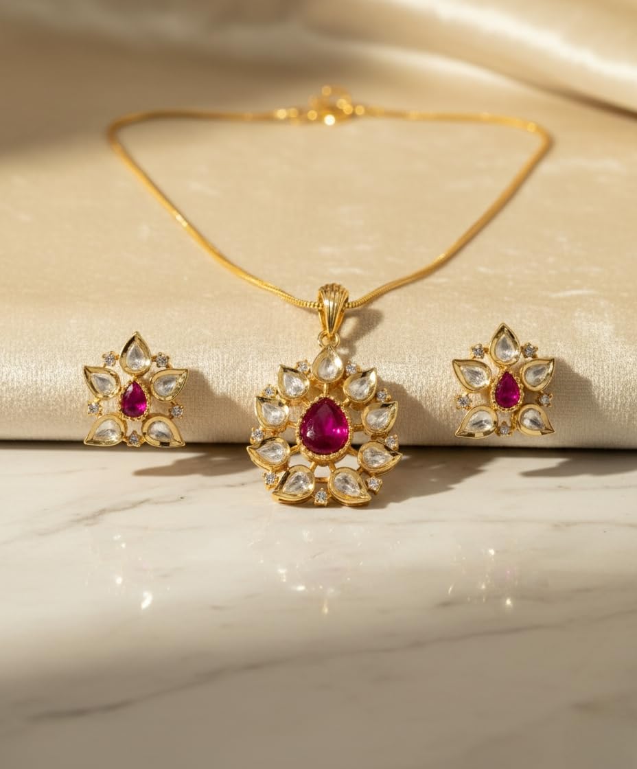 KAYRAH Gold Plated American Diamond Pendant Necklace Set for Women, with Matching Stud Earrings, Brass, Fashion Style, Party and Daily Wear with Matching Earrings with Matching Earrings