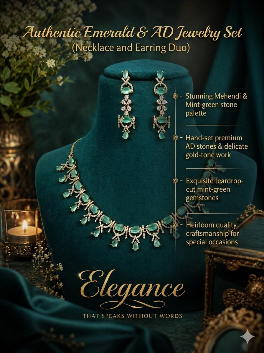 KAYRAH Gold Plated Emerald Green Cubic Zirconia Necklace Set with Earrings, Brass, Bridal Wedding Fashion with Matching Earrings with Matching Earrings