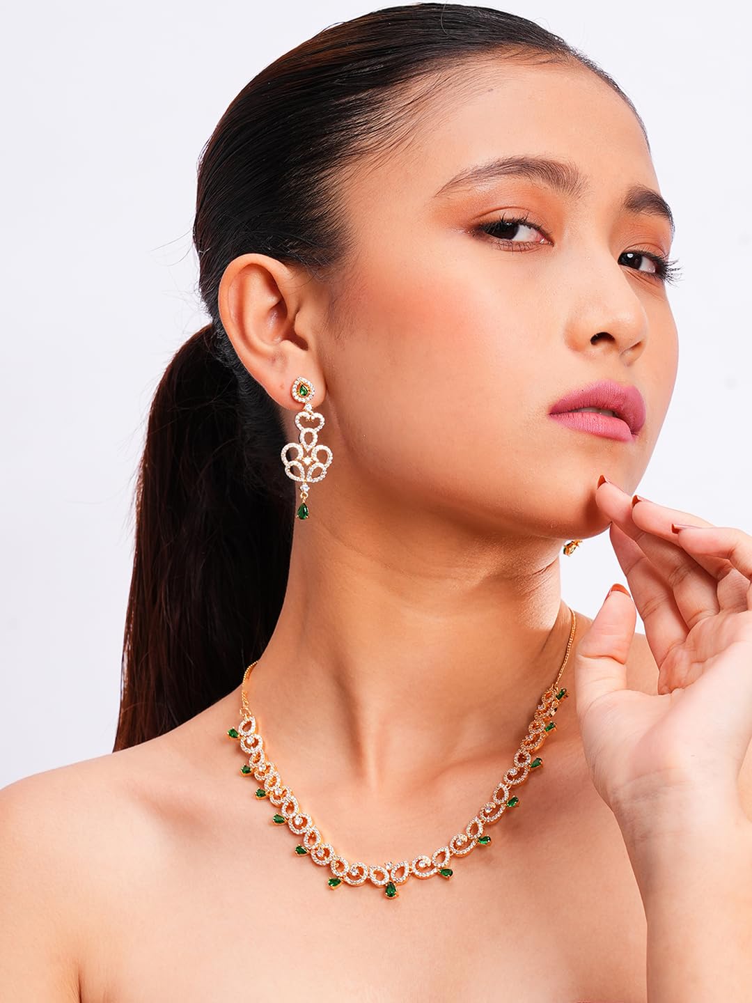 KAYRAH Gold Plated Pink Stone Necklace Set for Women with Matching Earrings with Matching Earrings