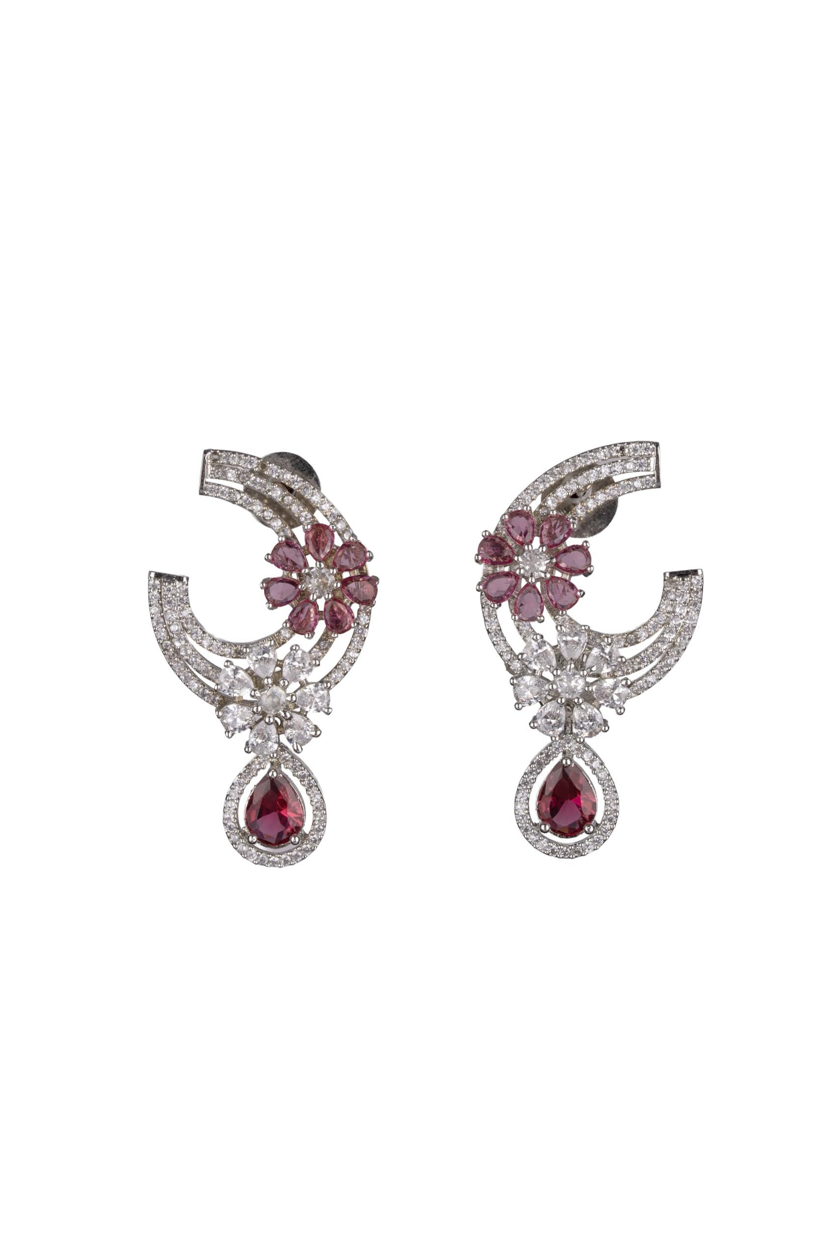 Silver Plated Pink Stone Ear Cuff Earrings for Women | Statement Fashion Jewellery Earrings for Girls | Stylish Drop Earrings Gift for Women