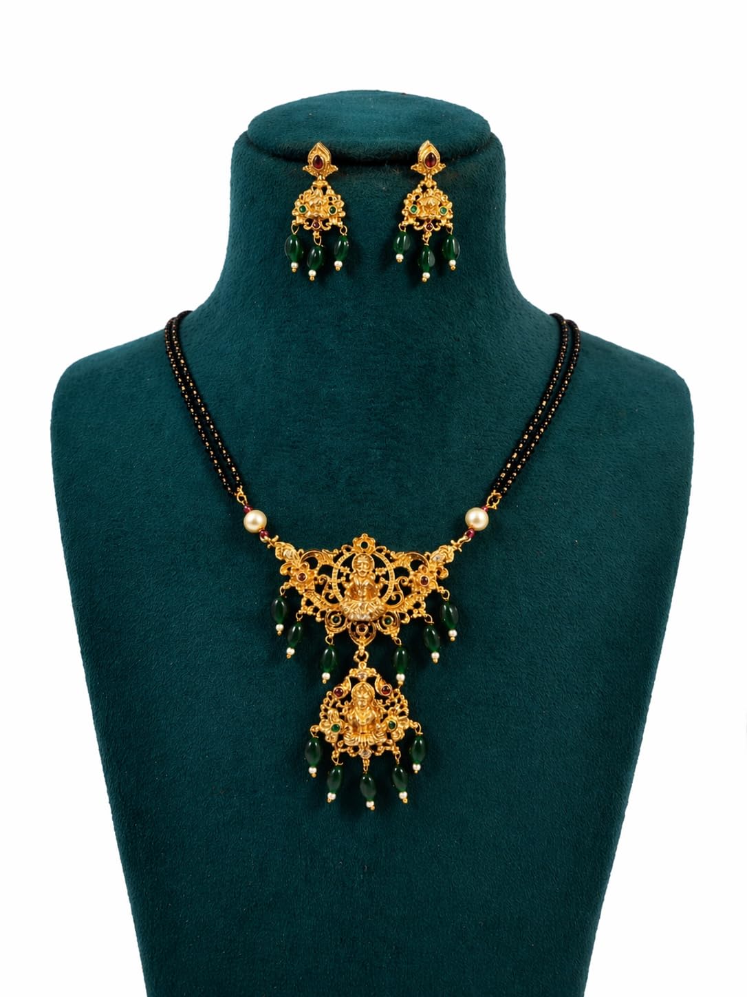 KAYRAH Gold Plated Mangalsutra Necklace Set with Earrings, Traditional Temple Jewellery, Red Beads, Brass, Bridal Wedding with Matching Earrings with Matching Earrings