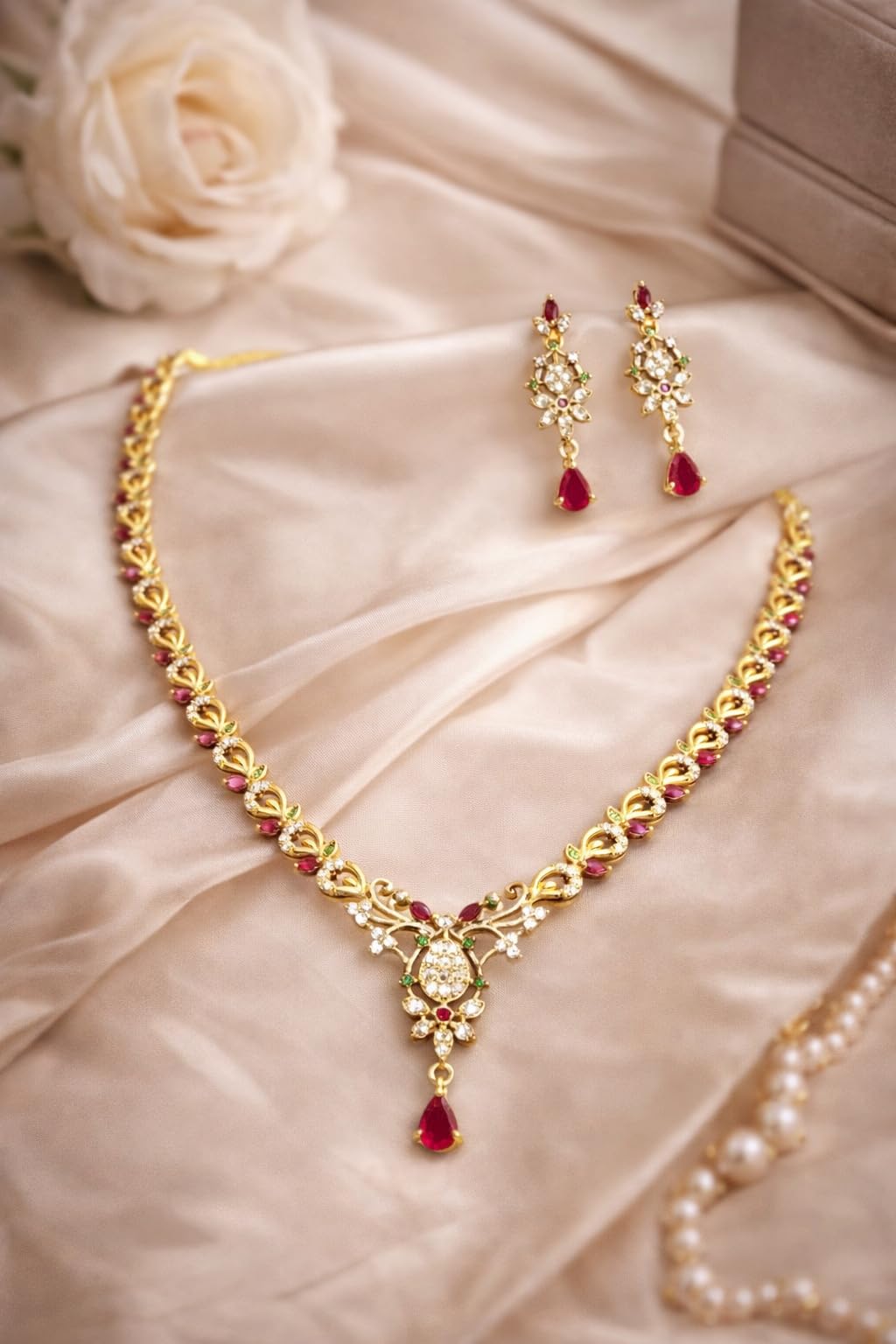 KAYRAH Brass CZ Stone Necklace Set with Earrings for Women & Girls with Matching Earrings with Matching Earrings