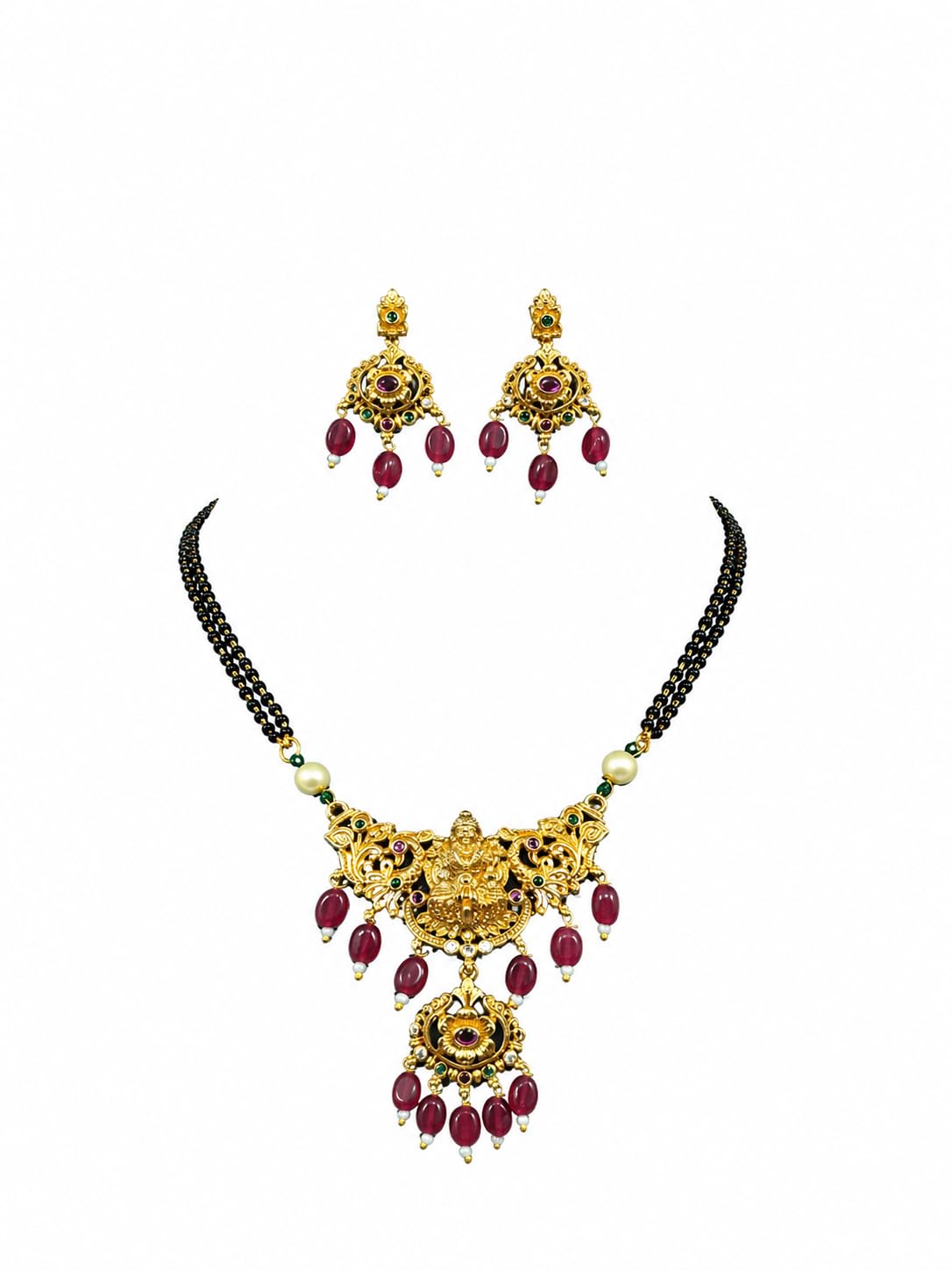 KAYRAH Gold Plated Mangalsutra Necklace Set with Earrings, Temple Jewellery, Green Onyx Beads, Traditional South Indian Bridal with Matching Earrings with Matching Earrings