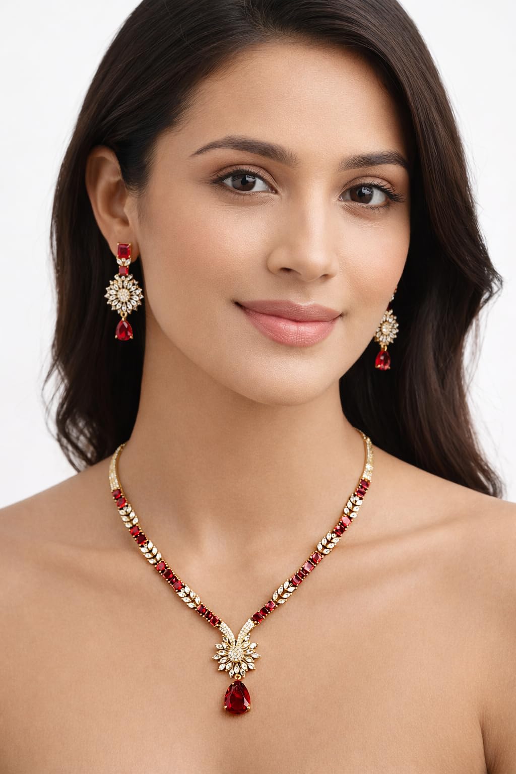 KAYRAH Gold Plated American Diamond Necklace Set with Green Stone Pendant and Earrings Wedding Jewellery for Women & Girls with Matching Earrings with Matching Earrings