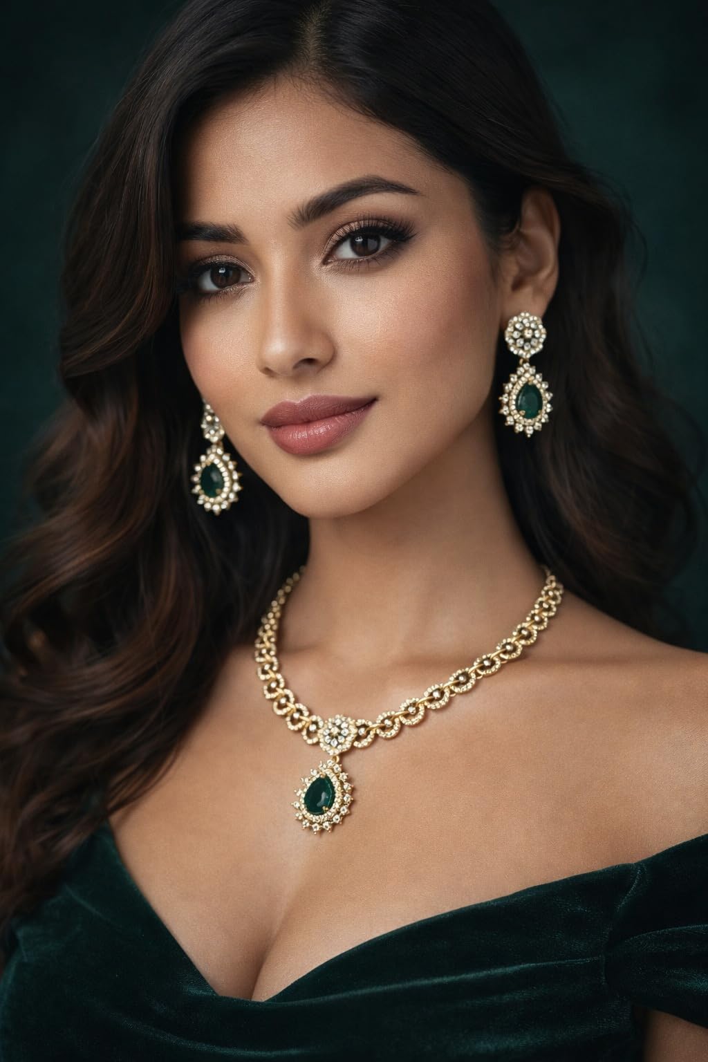 KAYRAH Gold Plated Aqua Green Stone Necklace Set with Long Earrings, Cubic Zirconia, Fashion, Wedding & Festive with Matching Earrings with Matching Earrings