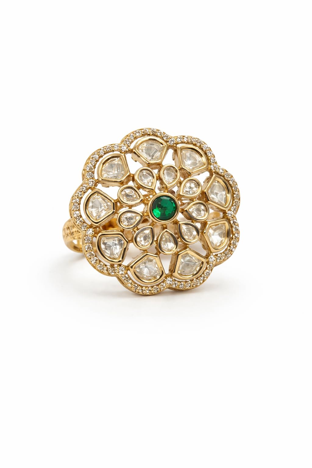 KAYRAH Gold Plated Floral Statement Ring with Green Stone, American Diamond, Cocktail Style, Free Size, Party & Wedding Fashion Jewellery