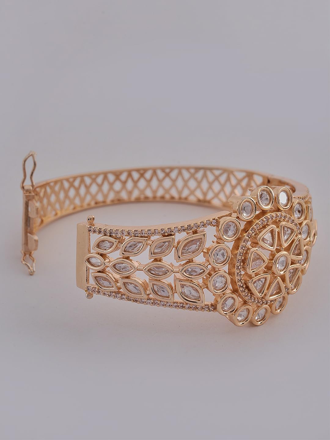 KAYRAH Gold Plated Floral Stone Studded Cuff Bracelet for Women Elegant Fashion Jewellery
