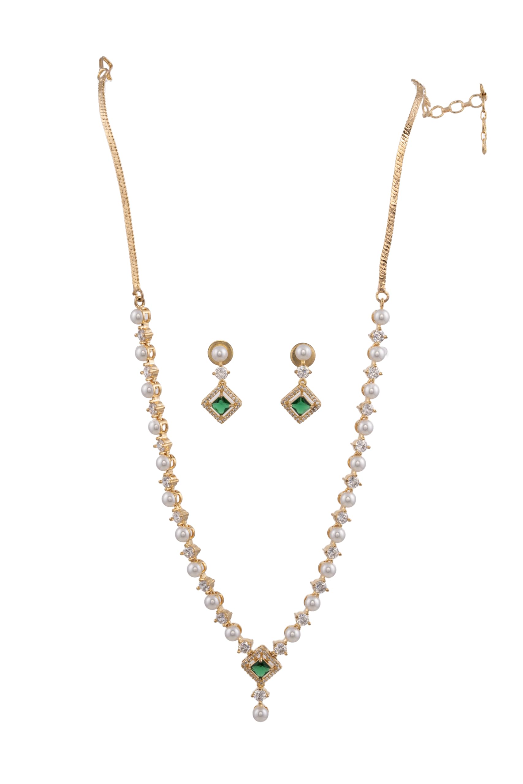 KAYRAH Gold Plated Green Stone Necklace Set for Women with Matching Earrings with Matching Earrings