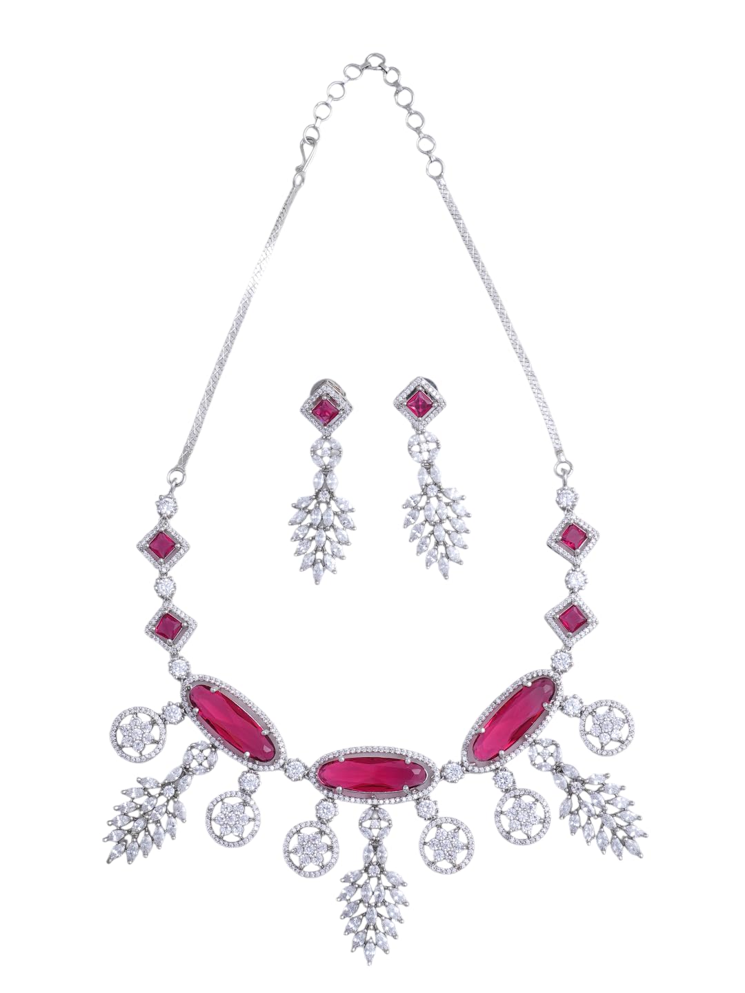 Silver Plated Pink Stone Necklace Set for Women Stylish | Matching Earrings Jewellery Set | Statement Fashion Jewellery for Womens | Gift for Women