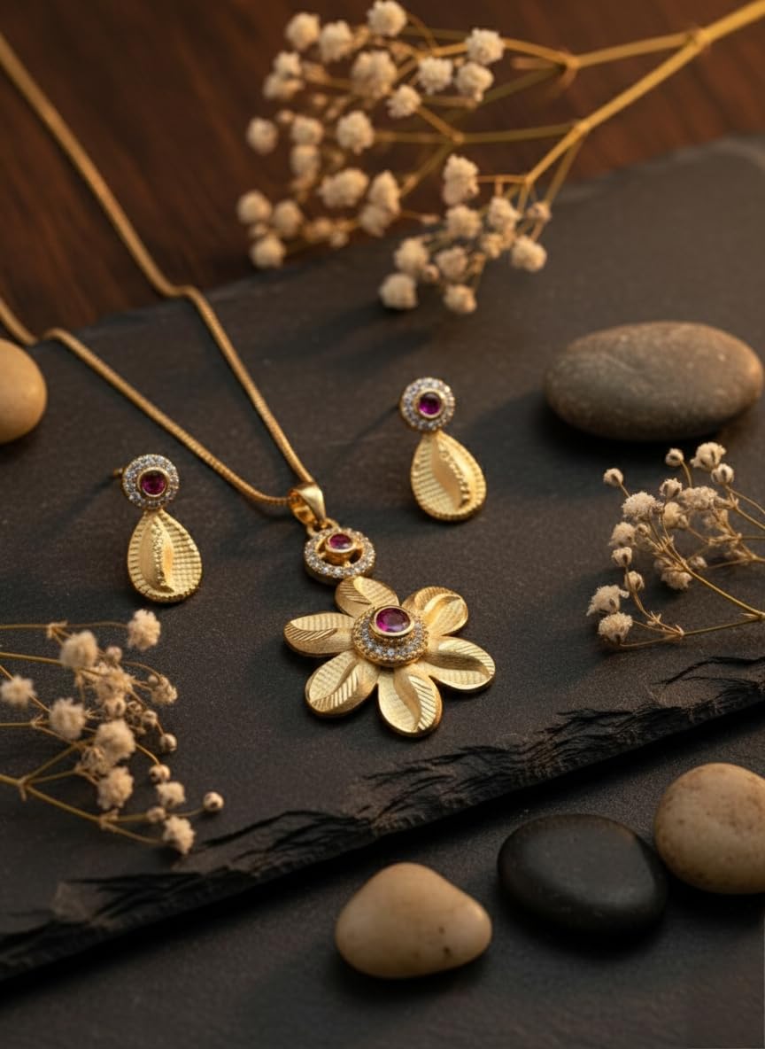 KAYRAH Gold Plated Pendant Necklace Set for Women with Matching Earrings with Matching Earrings