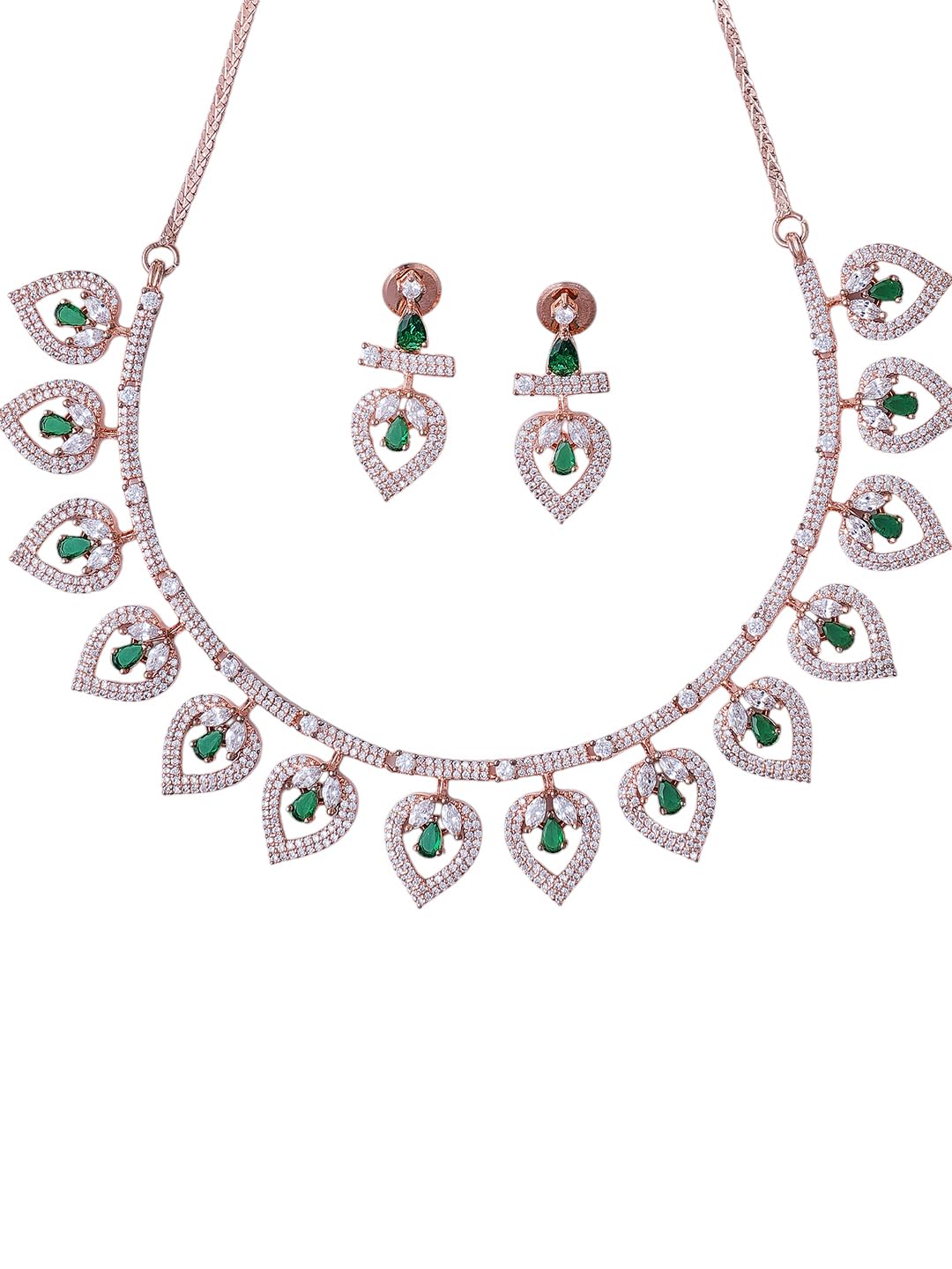 KAYRAH Women Green Brass Material Crafted CZ Stone Studed Necklace with Earrings with Matching Earrings with Matching Earrings