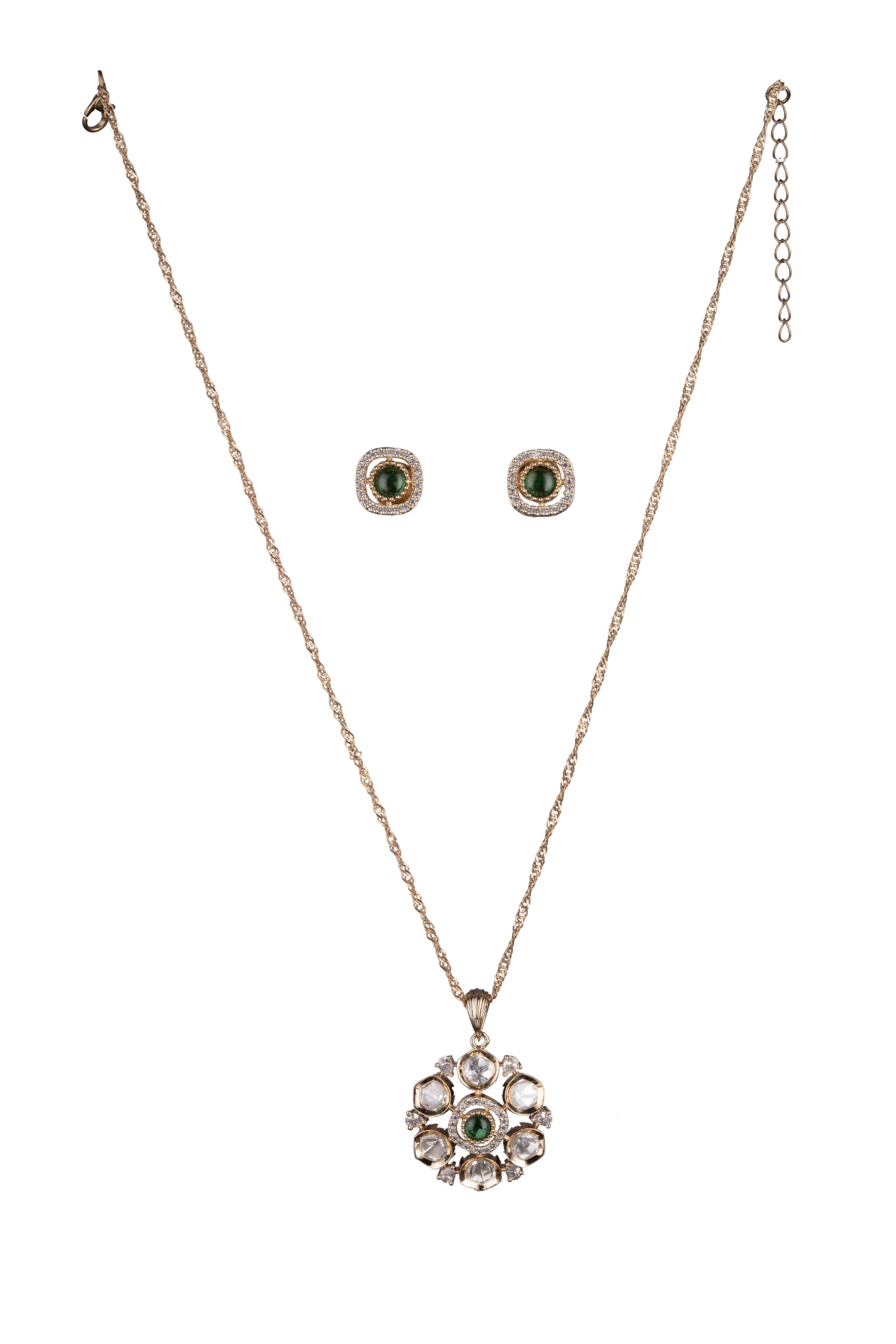 KAYRAH Gold Plated Circular Pendant Necklace Set with Matching Stud Earrings, Green Cubic Zirconia, Brass, Fashion Style with Matching Earrings with Matching Earrings