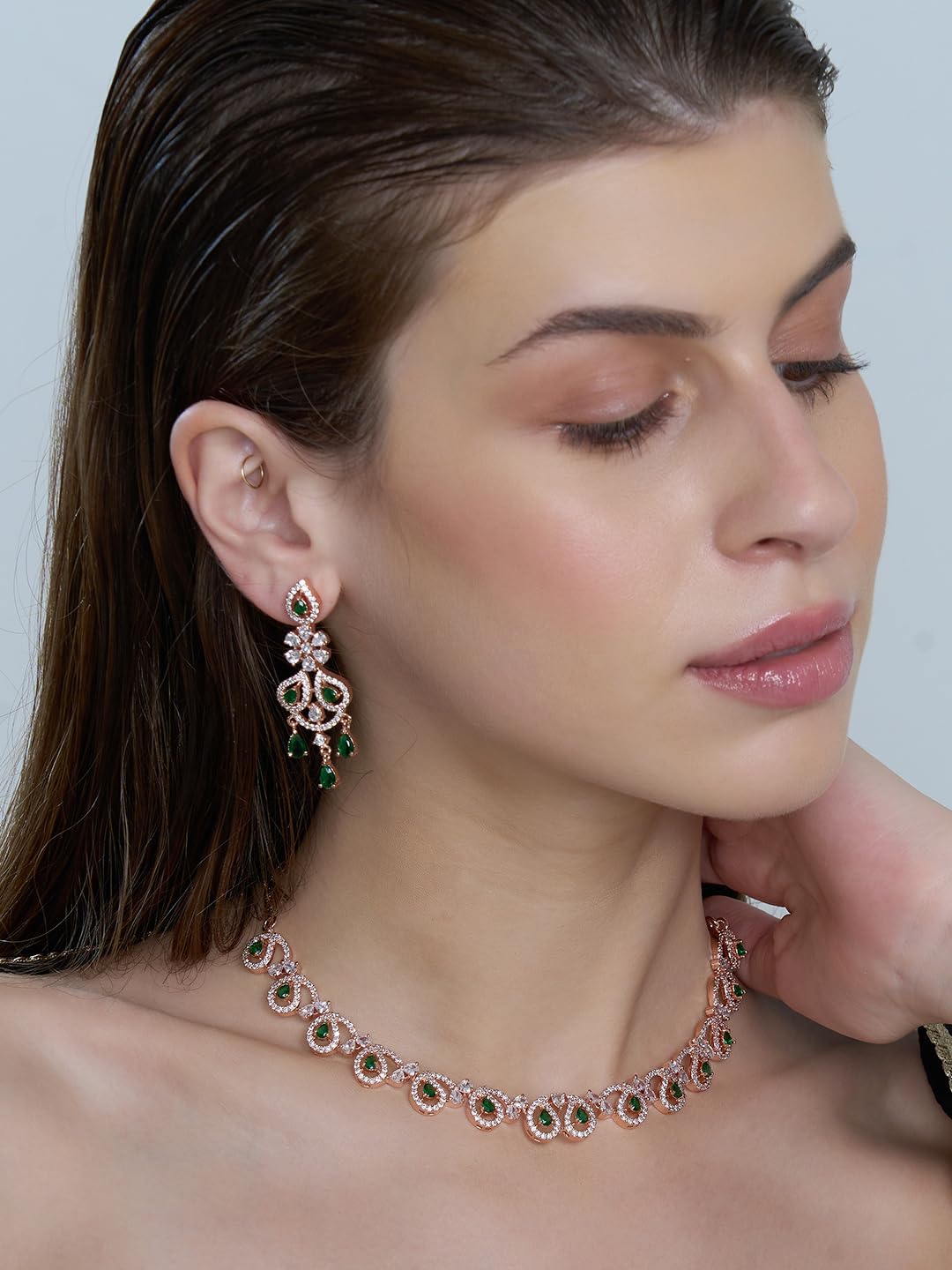 KAYRAH Women Green Brass Material Crafted CZ Stone Studed Necklace with Earrings with Matching Earrings with Matching Earrings