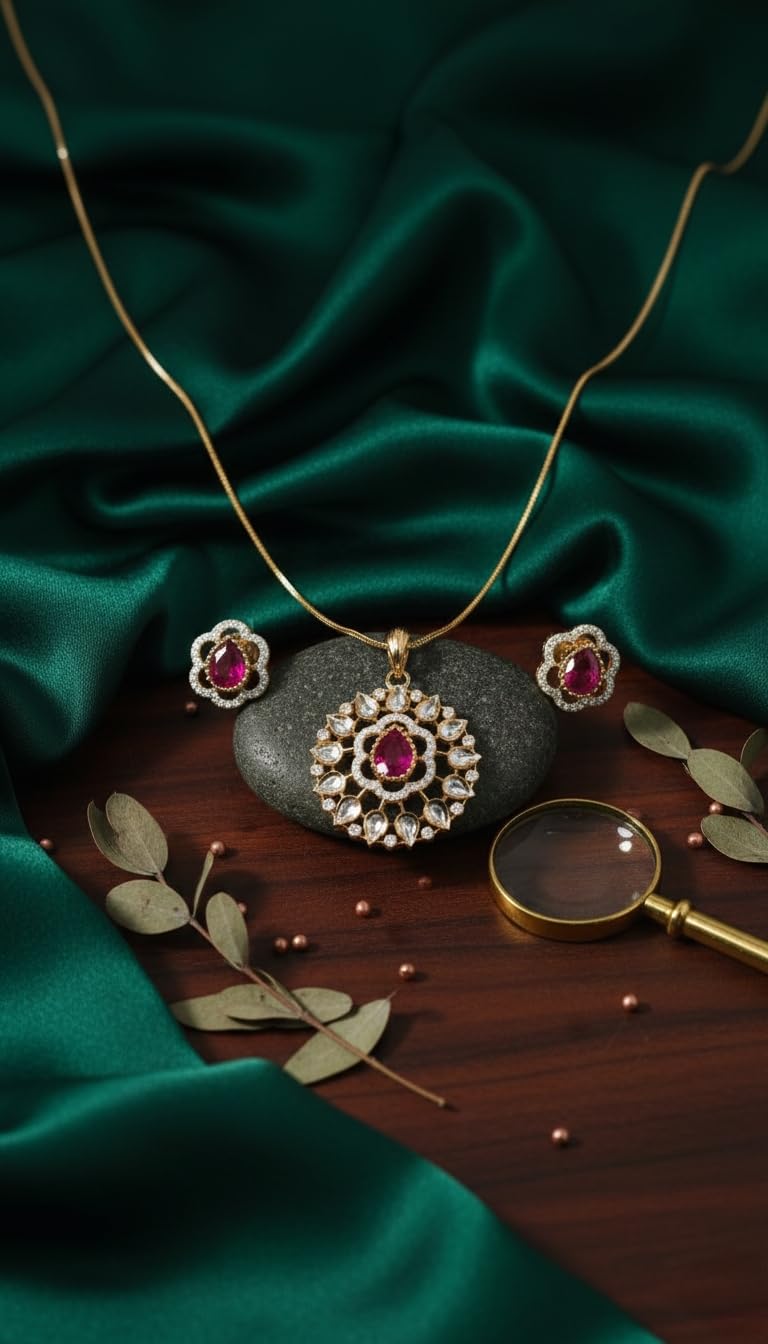 KAYRAH Brass CZ Stone Necklace Set with Earrings for Women & Girls with Matching Earrings with Matching Earrings