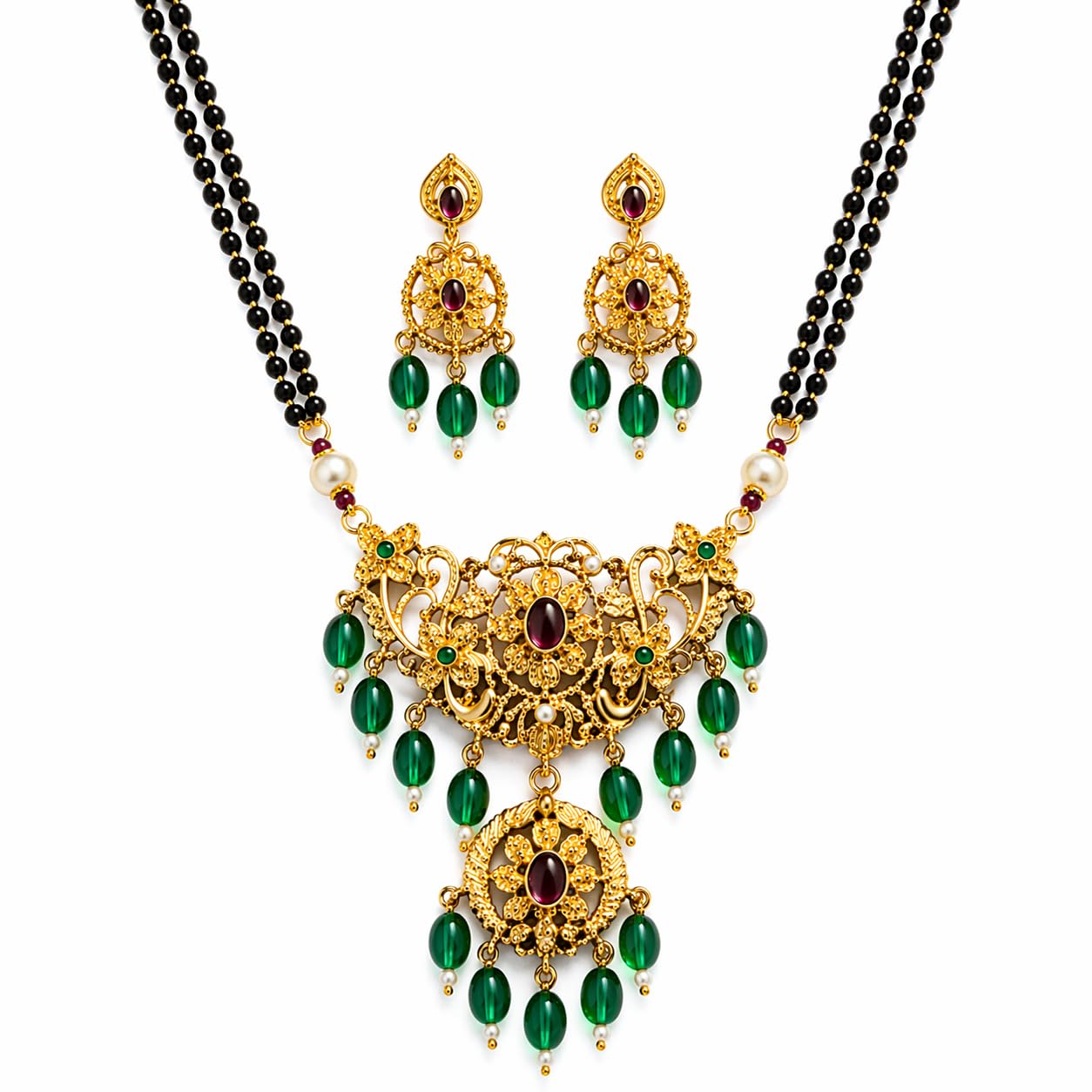 KAYRAH Gold Plated Temple Necklace Set, Lakshmi Pendant Mangalsutra Style, Jhumka Earrings, Traditional South Indian Wedding Jewellery with Matching Earrings with Matching Earrings