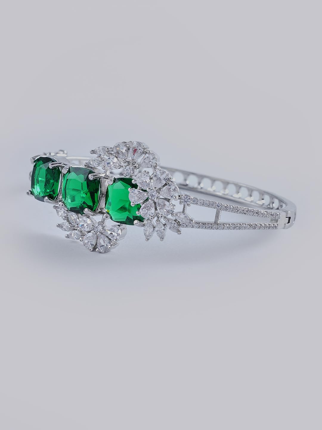 KAYRAH Silver Toned Green Stone Floral Statement Bracelet for Women