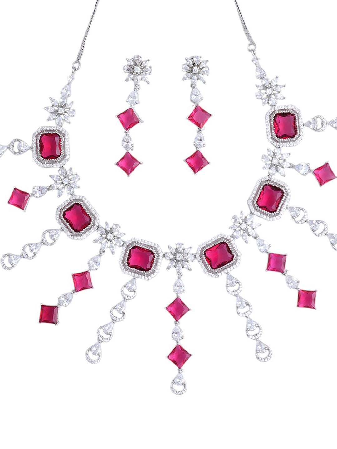 KAYRAH Women Pink Brass Material Crafted CZ Stone Studed Necklace with Earrings with Matching Earrings with Matching Earrings