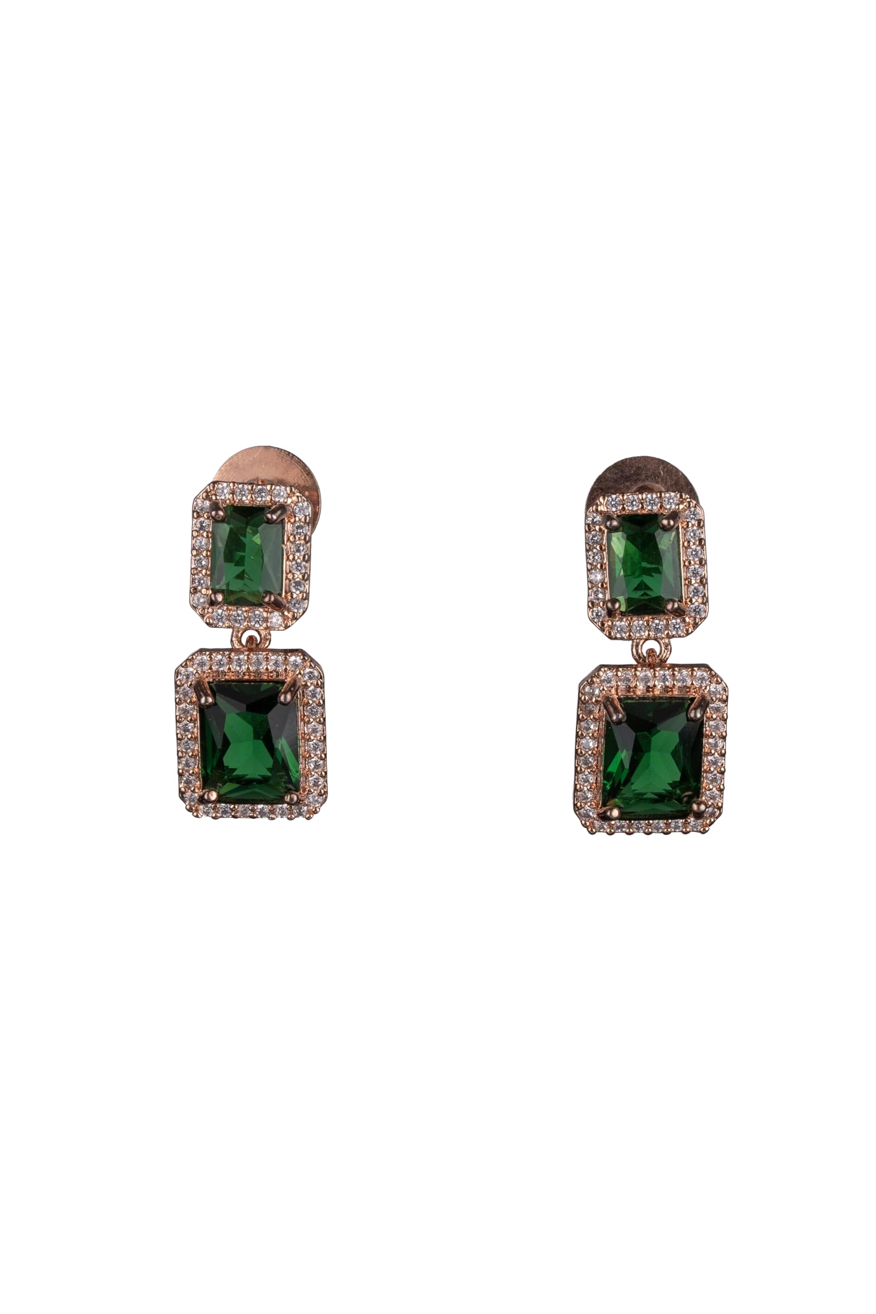 Rose Gold Plated Green Stone Drop Earrings for Women | Geometric Fashion Jewellery Earrings for Girls | Stylish Party Earrings Gift for Women