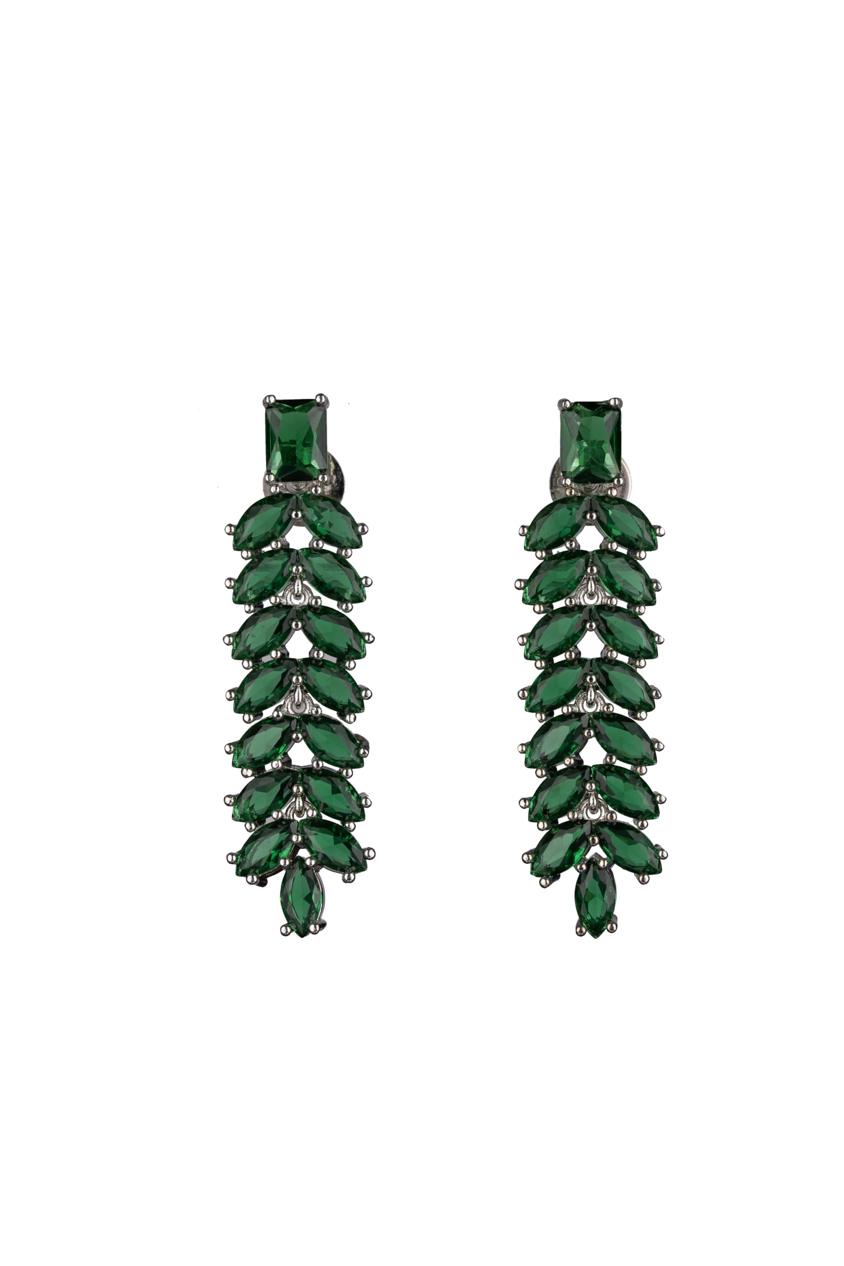 Silver Plated Green Stone Long Drop Earrings for Women | Statement Fashion Jewellery Earrings for Girls | Stylish Dangle Earrings Gift for Women