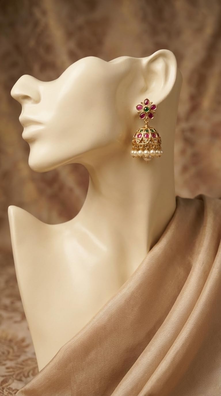 Gold Plated Floral Jhumka Earrings for Women Stylish | Pink Stone Traditional Fashion Jewellery Earrings for Girls | Elegant Earrings Gift for Women