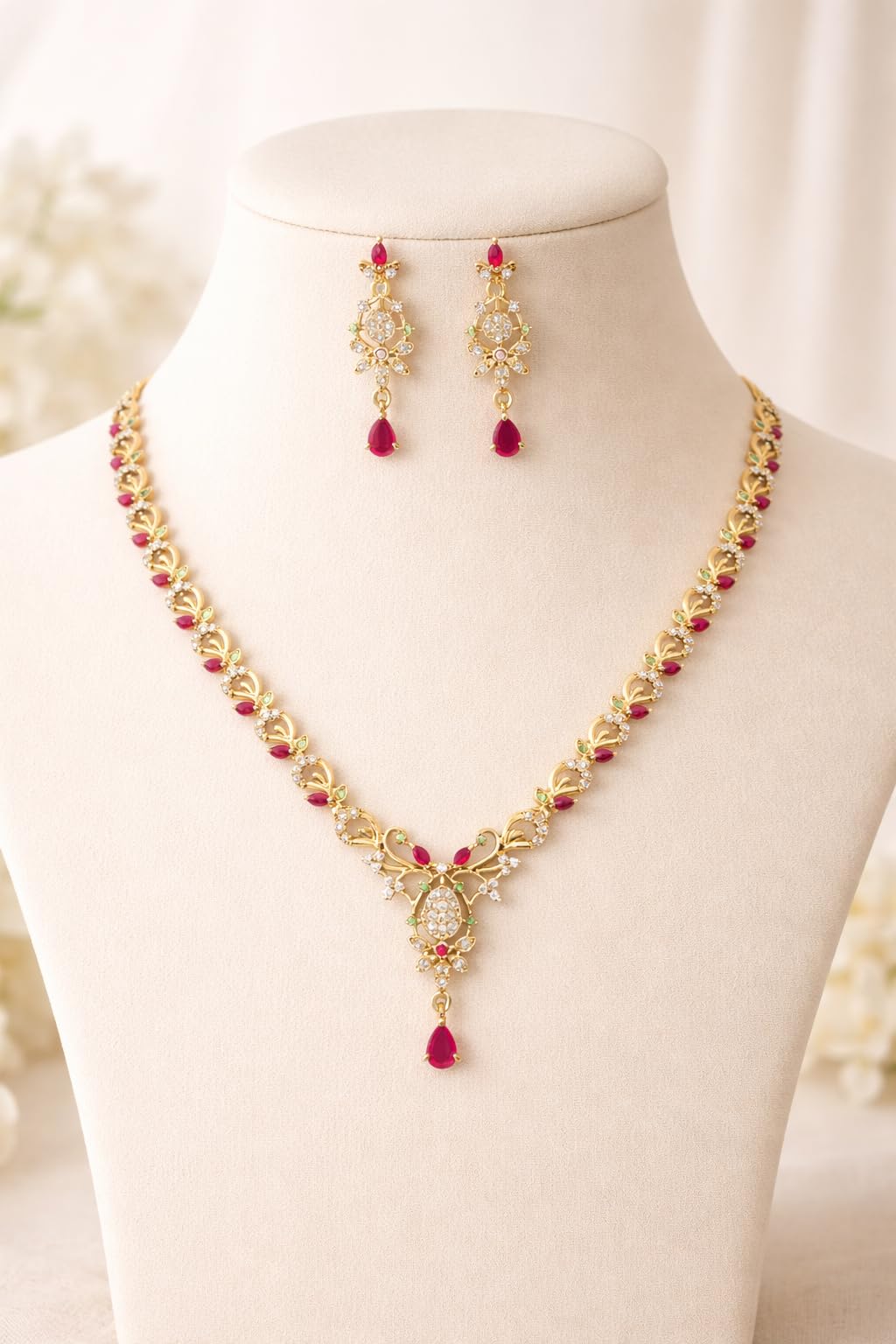 KAYRAH Brass CZ Stone Necklace Set with Earrings for Women & Girls with Matching Earrings with Matching Earrings