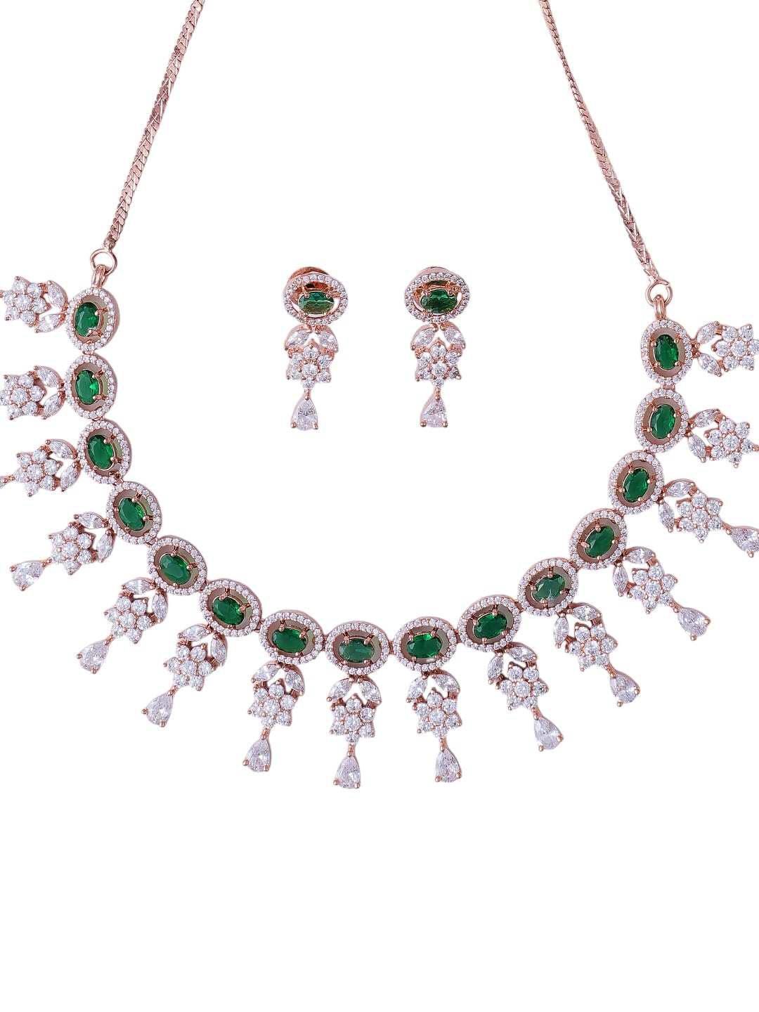 KAYRAH Women Green Brass Material Crafted CZ Stone Studed Necklace with Earrings with Matching Earrings with Matching Earrings