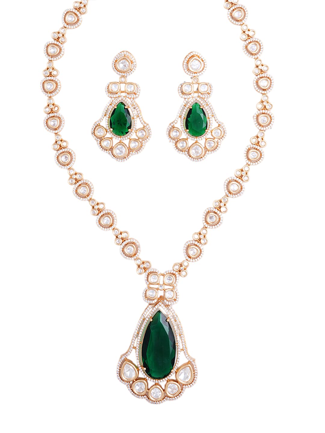 KAYRAH Rose Gold Plated Green Stone Pendant Necklace Set for Women Stylish with Matching Earrings with Matching Earrings