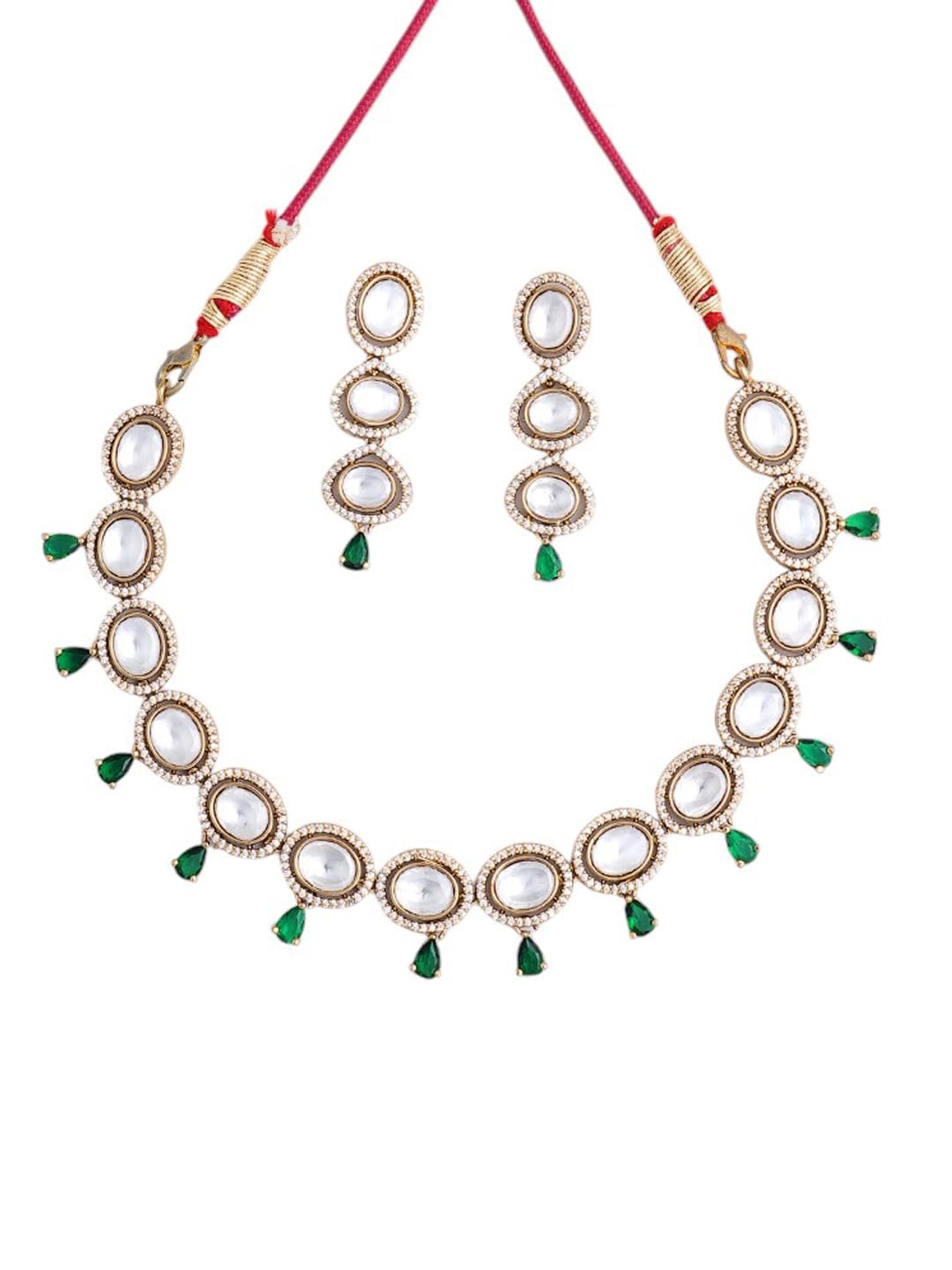 KAYRAH Women Red Brass Material Crafted Kundan Stone Studed Necklace with Earrings with Matching Earrings with Matching Earrings