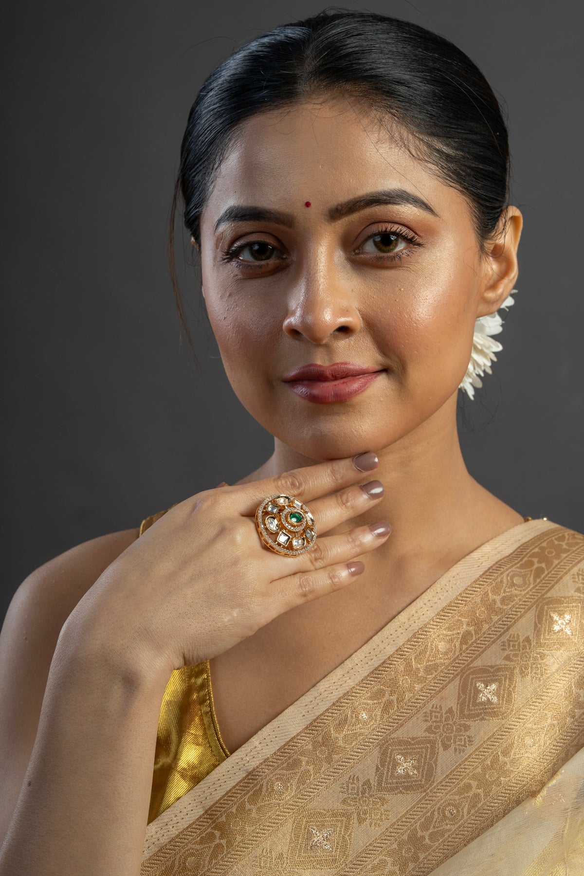 Gold-Tone Floral Statement Ring with Green Center Stone and Clear Accents for Women