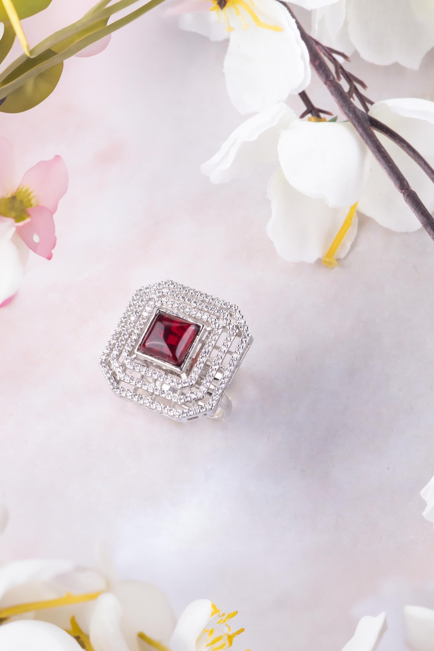 KAYRAH Brass Material CZ Stone Stud Ring for Women and Girls for Every Occassion (Red Pota)