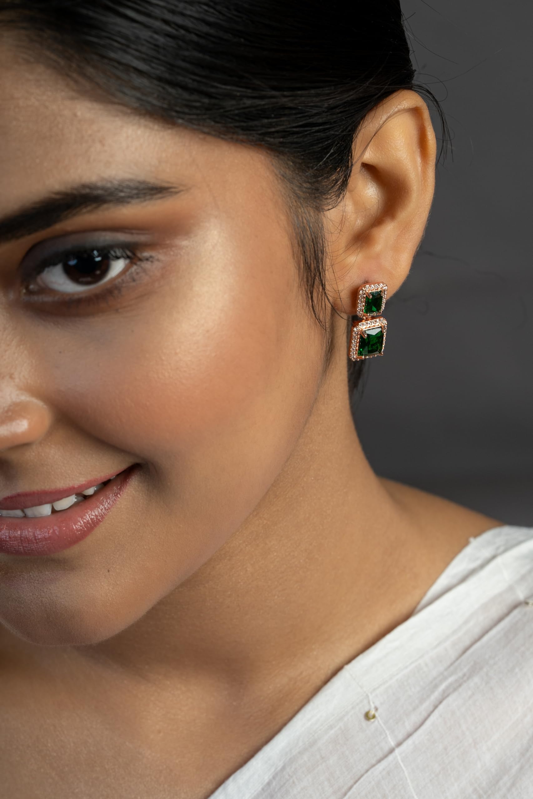 Rose Gold Plated Green Stone Drop Earrings for Women | Geometric Fashion Jewellery Earrings for Girls | Stylish Party Earrings Gift for Women