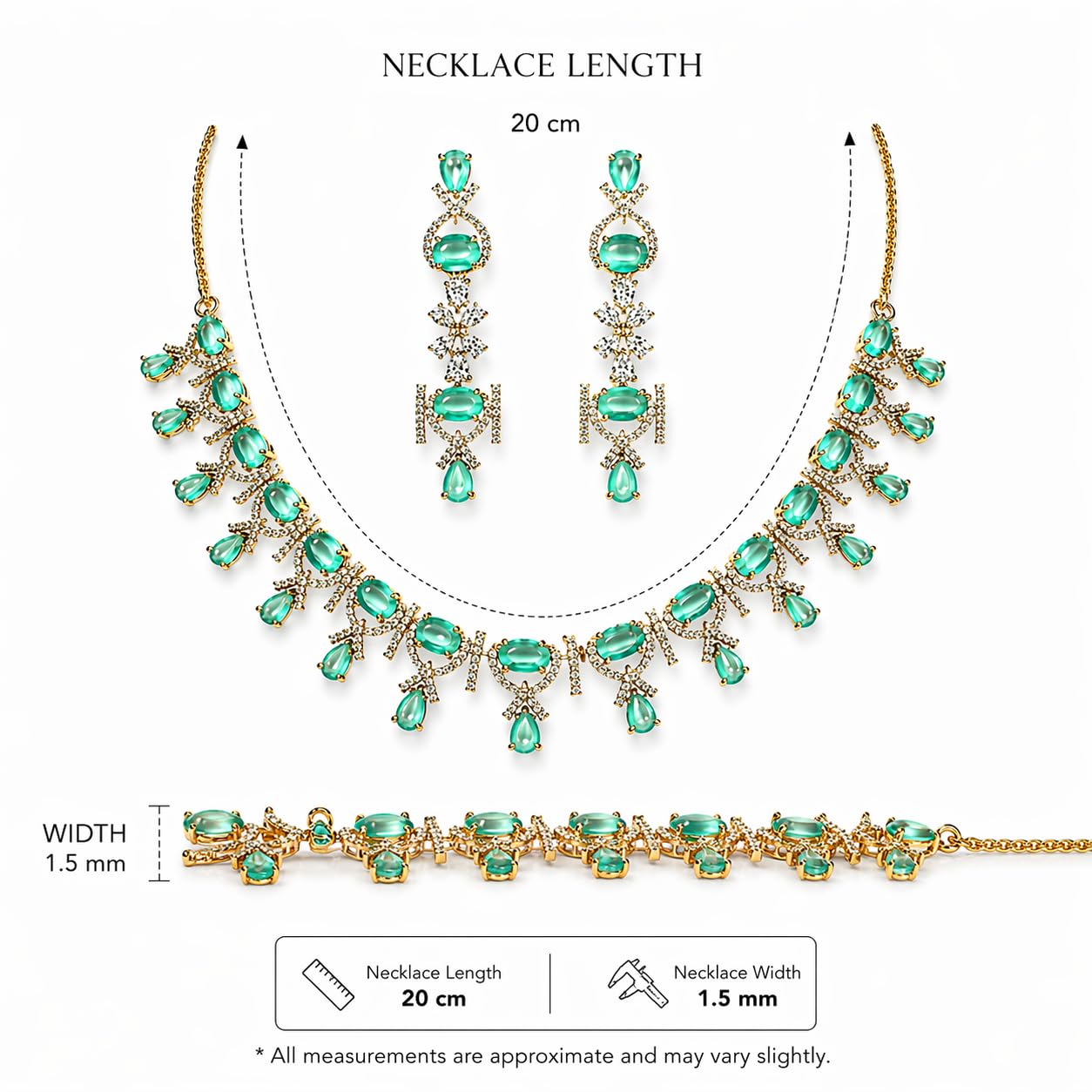KAYRAH Gold Plated Emerald Green Cubic Zirconia Necklace Set with Earrings, Brass, Bridal Wedding Fashion with Matching Earrings with Matching Earrings