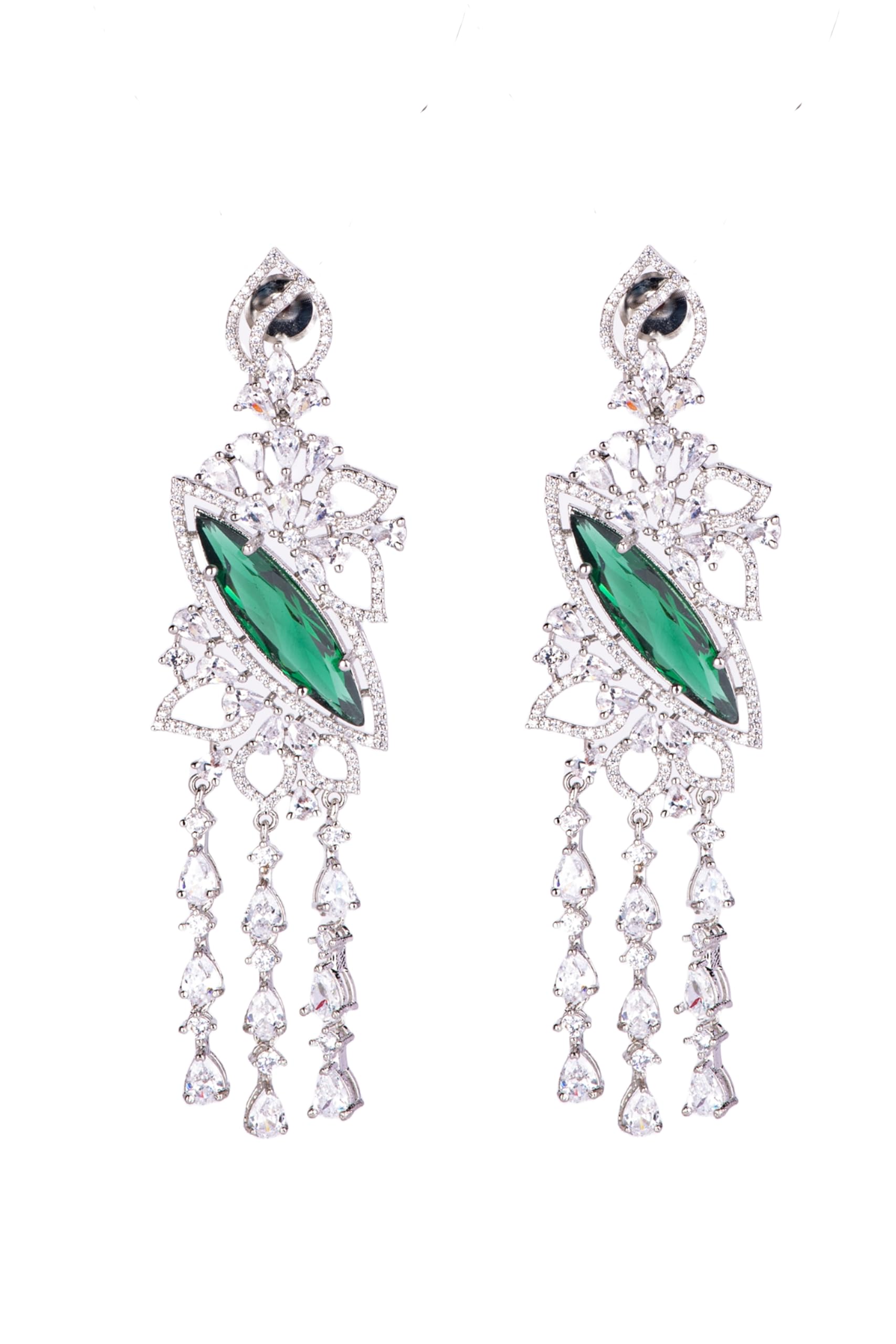 Silver Plated Green Stone Tassel Earrings for Women | Statement Fashion Jewellery Earrings for Girls | Long Dangle Earrings Gift for Women