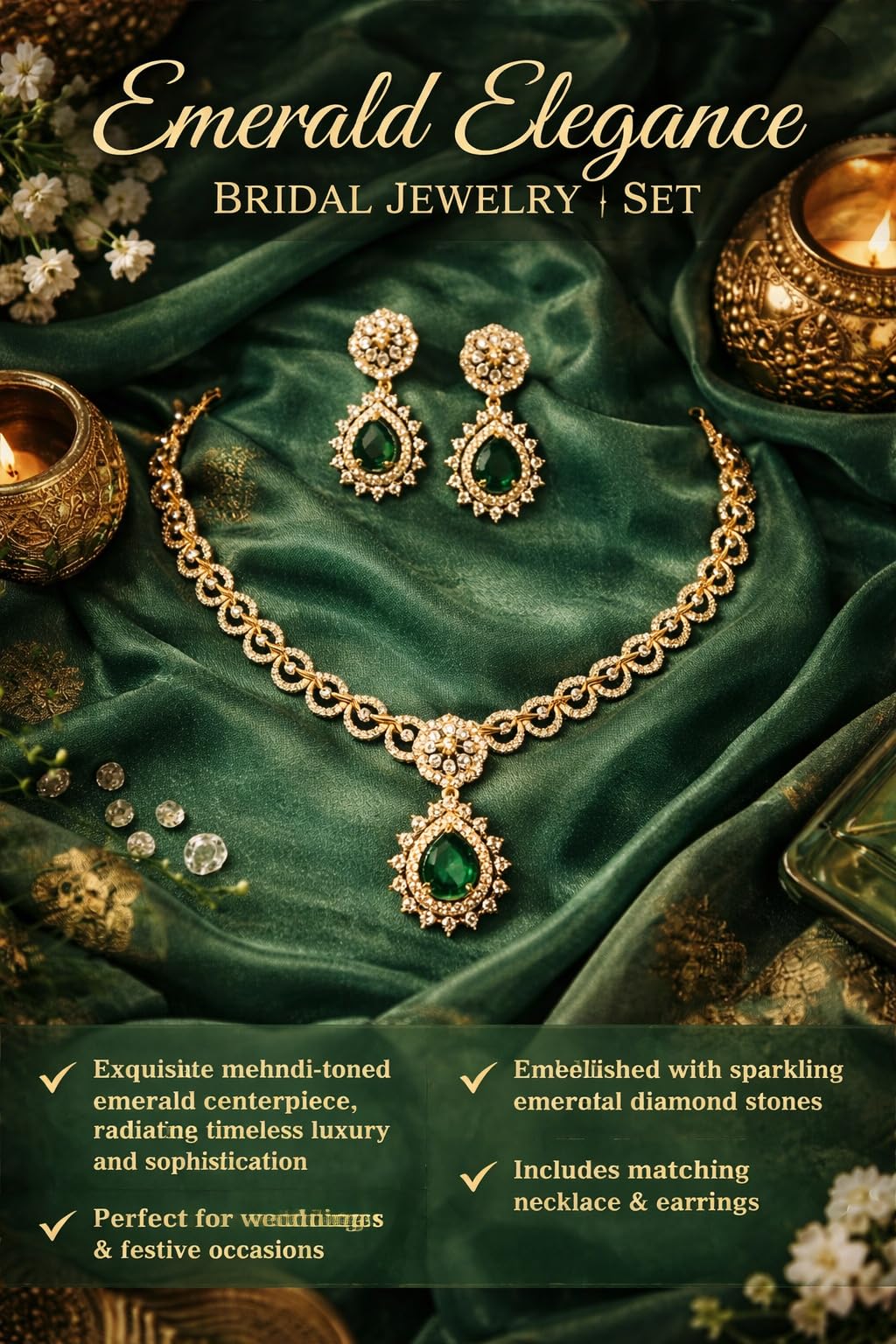 KAYRAH Gold Plated Aqua Green Stone Necklace Set with Long Earrings, Cubic Zirconia, Fashion, Wedding & Festive with Matching Earrings with Matching Earrings