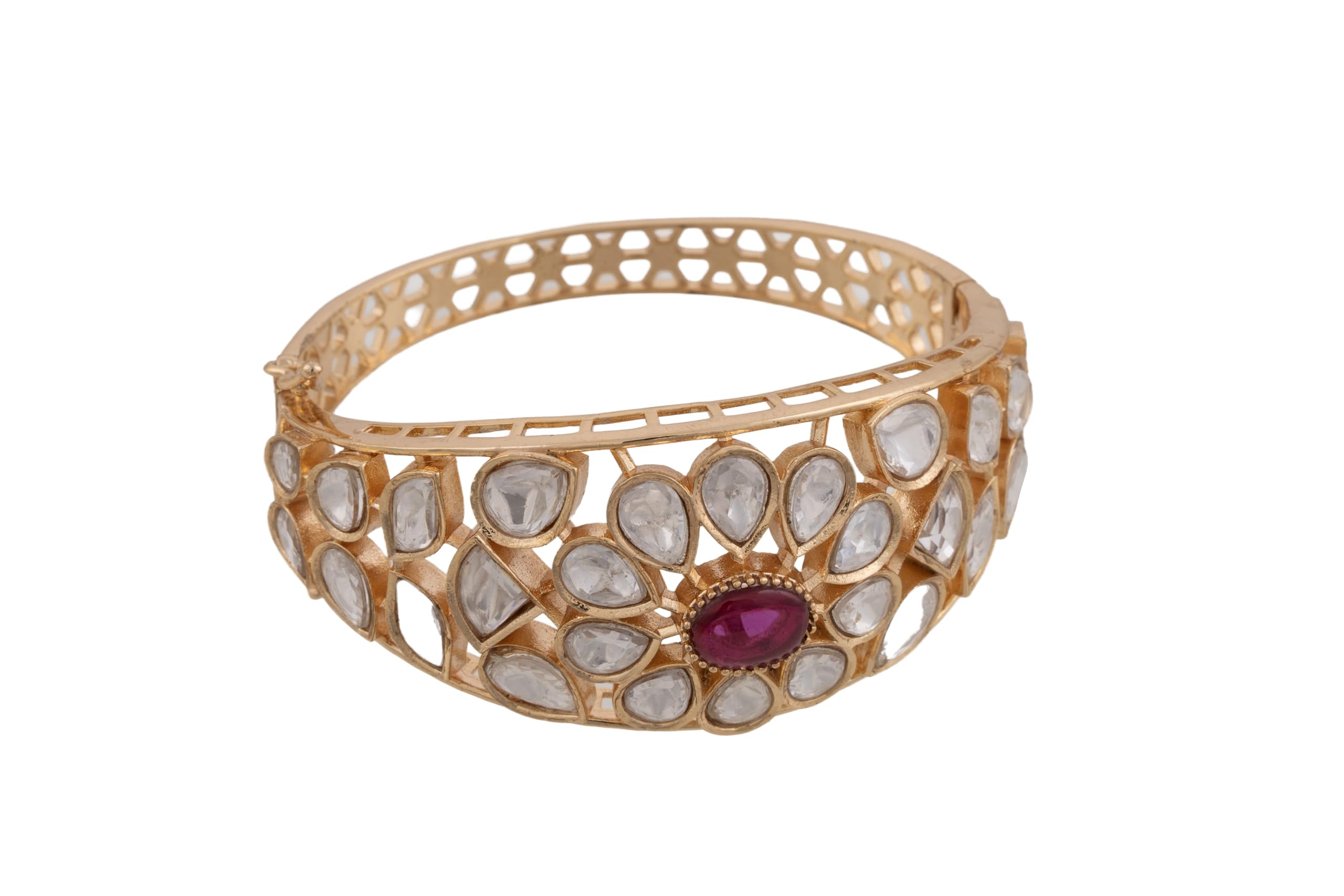 KAYRAH Gold Plated Ruby Crystal Studded Wide Bracelet for Women